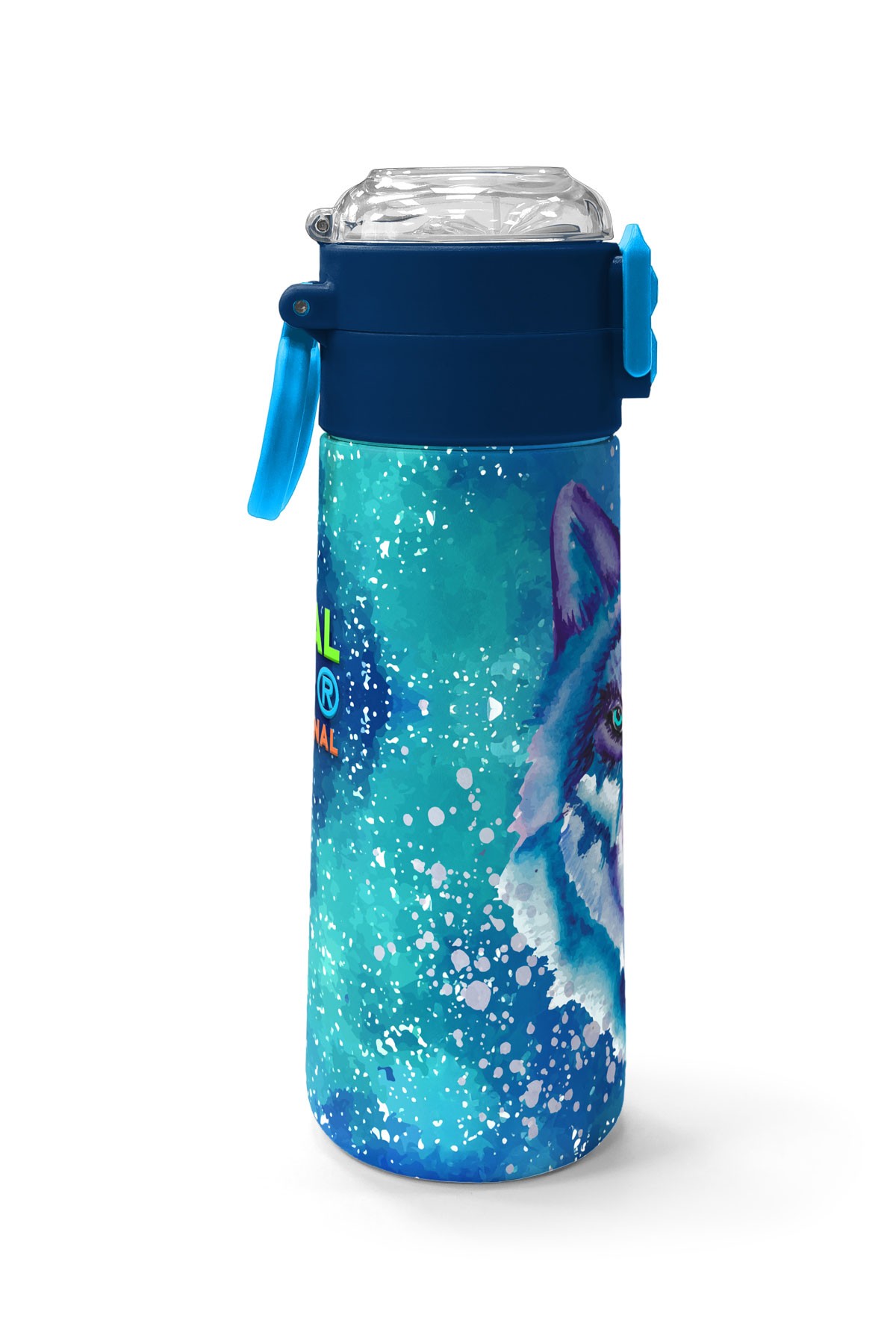 Coral High Kids Lacivert Mavi Kurt Desenli Pipetli ve Direkt İçim Çelik Termos 500 ml 31945