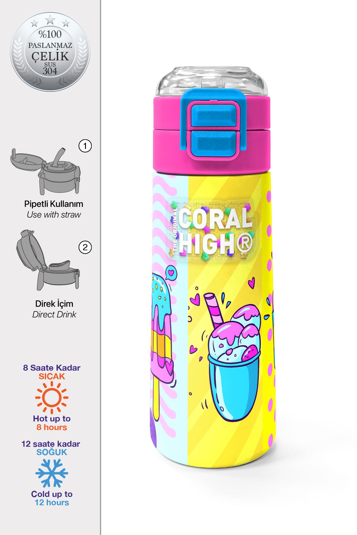 Coral High Kids Mixed Dondurma Desenli Pipetli ve Direkt İçim Çelik Termos 500 ml 31809