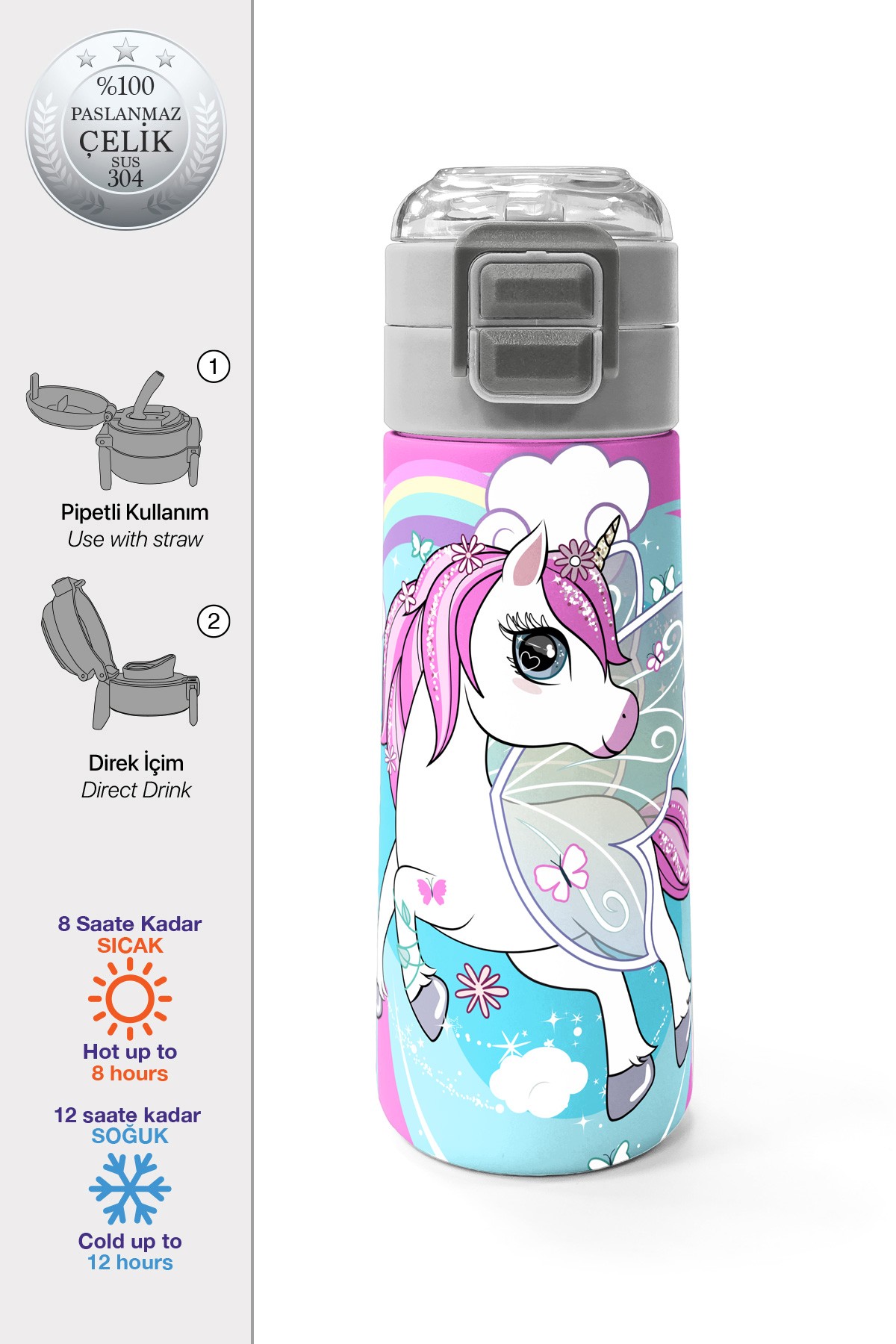 Coral High Kids Mavi Neon Pembe Unicorn Desenli Pipetli ve Direkt İçim Çelik Termos 500 ml 31925