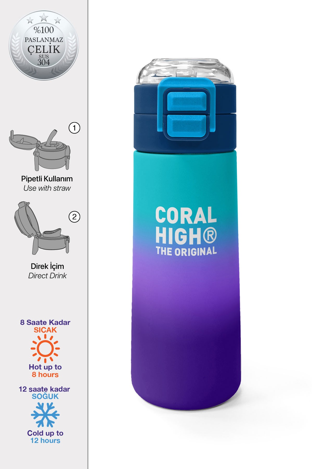 Coral High Kids Mor Renk Geçişli Desenli Pipetli ve Direkt İçim Çelik Termos 500 ml 31964