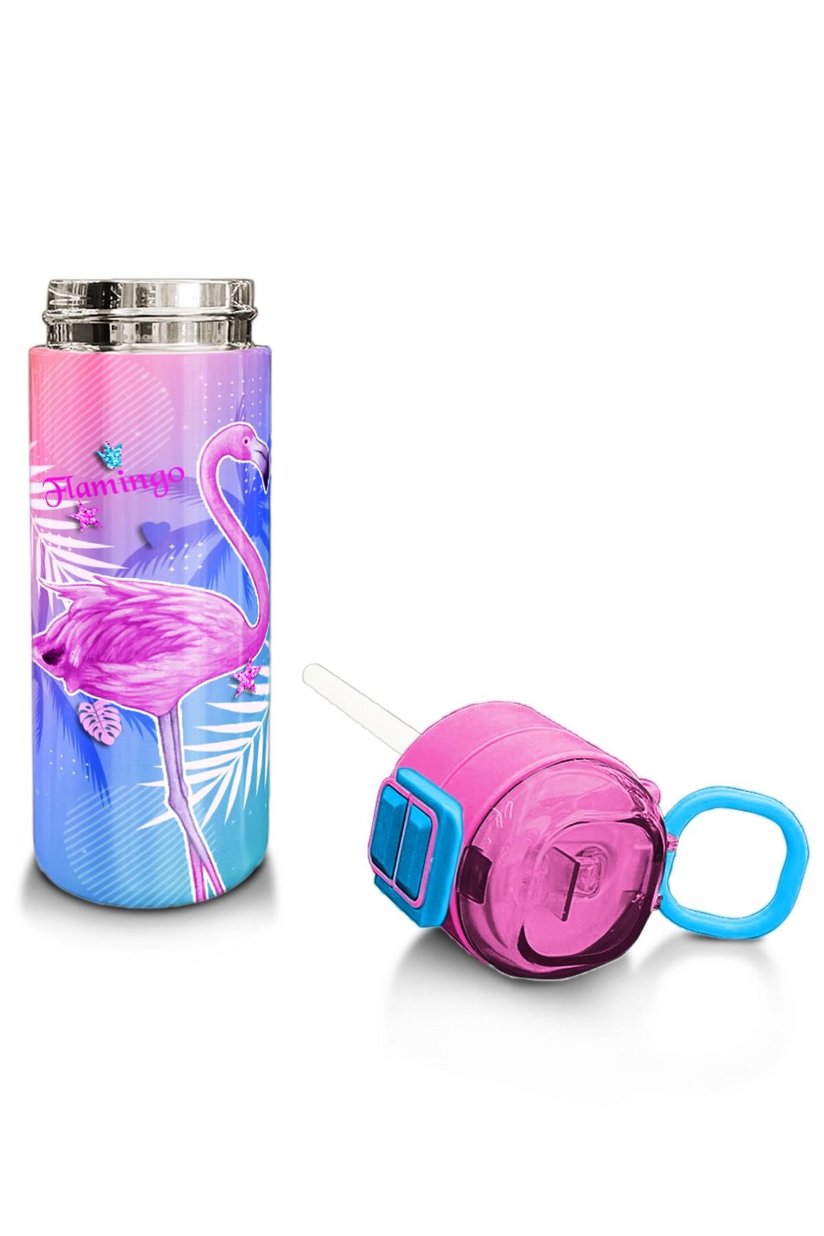 Coral High Kids Lavanta Pembe Flamingo Desenli Pipetli ve Direkt İçim Çelik Termos 500 ml 31921