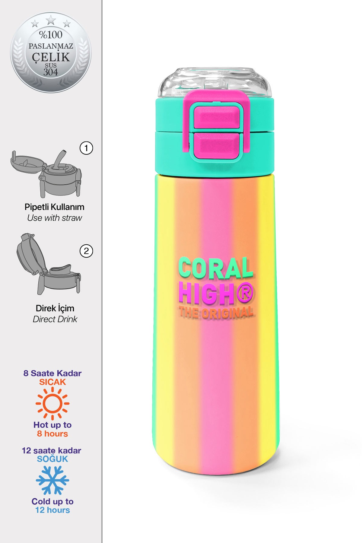 Coral High Kids Renkli Çizgili Desenli Pipetli ve Direkt İçim Çelik Termos 500 ml 31873