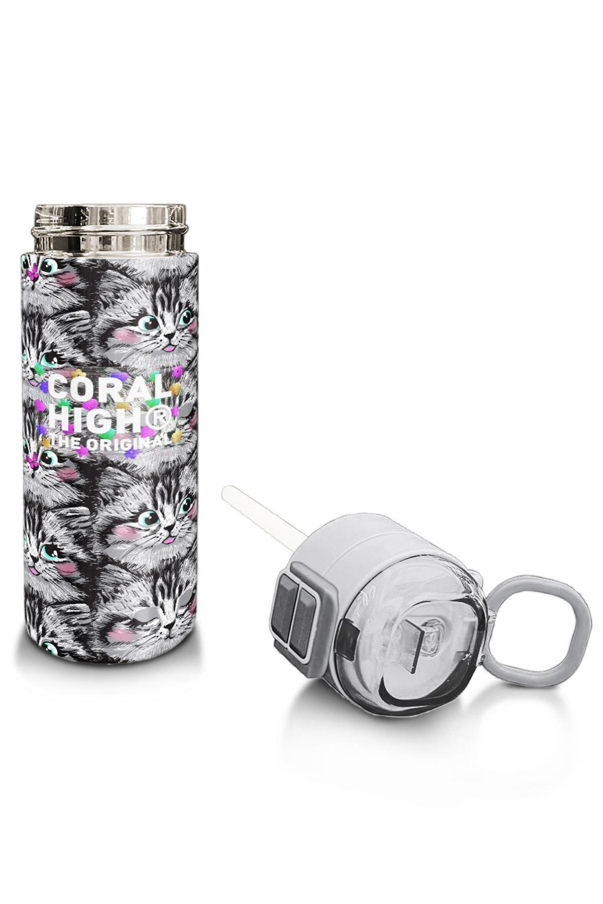 Coral High Kids Gri Kedi Desenli Pipetli ve Direkt İçim Çelik Termos 500 ml 31851