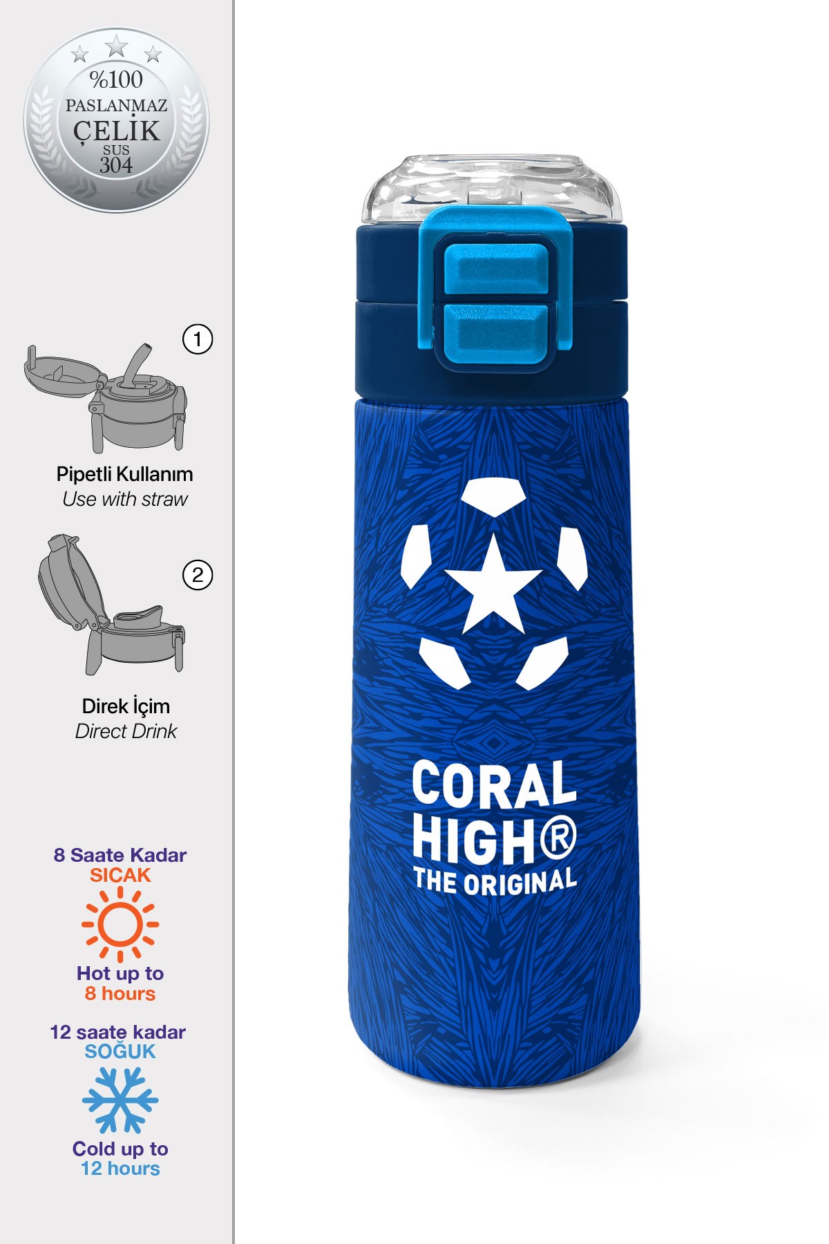 Coral High Kids Lacivert Saks Futbol Desenli Pipetli ve Direkt İçim Çelik Termos 500 ml 31897