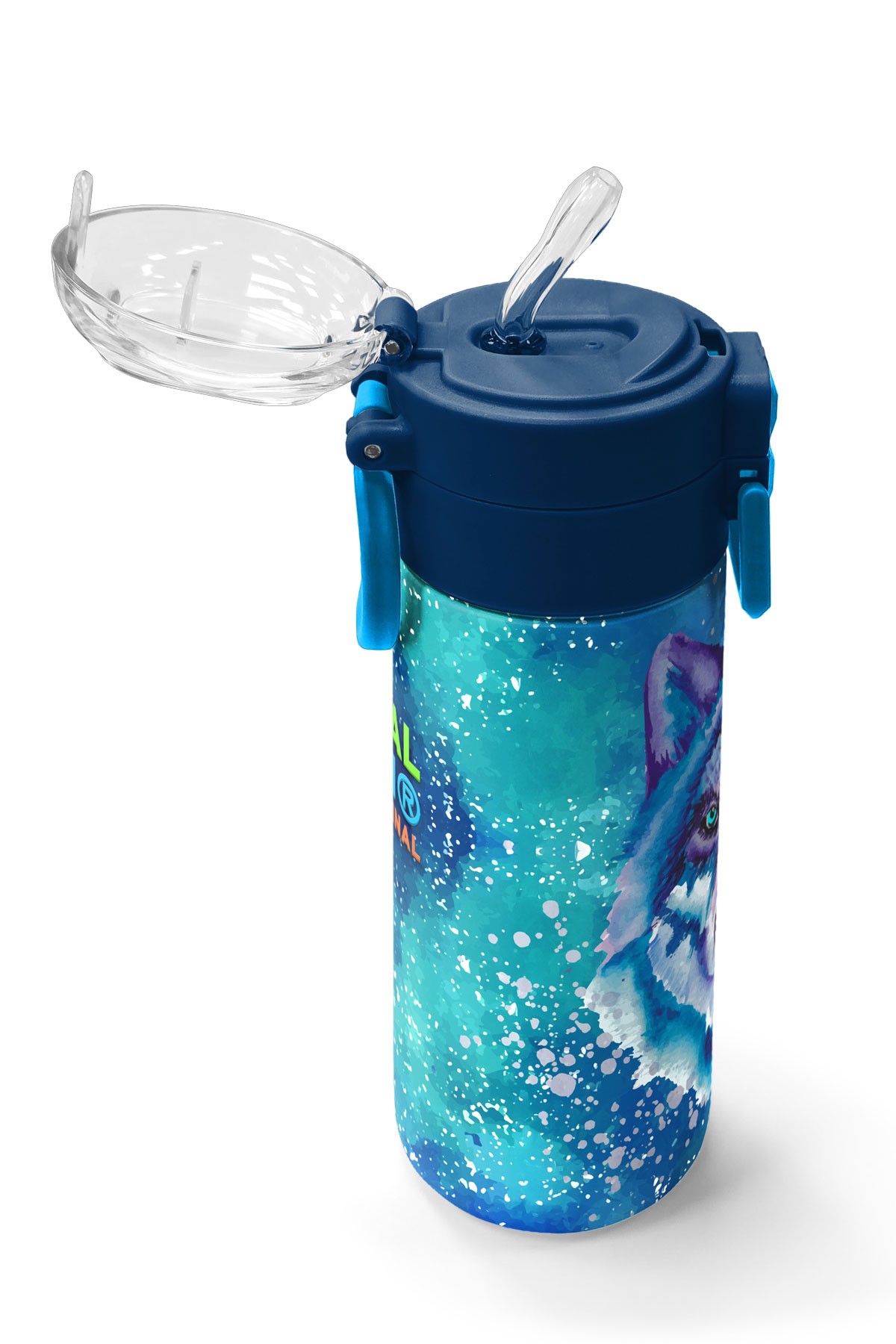 Coral High Kids Lacivert Mavi Kurt Desenli Pipetli ve Direkt İçim Çelik Termos 500 ml 31945