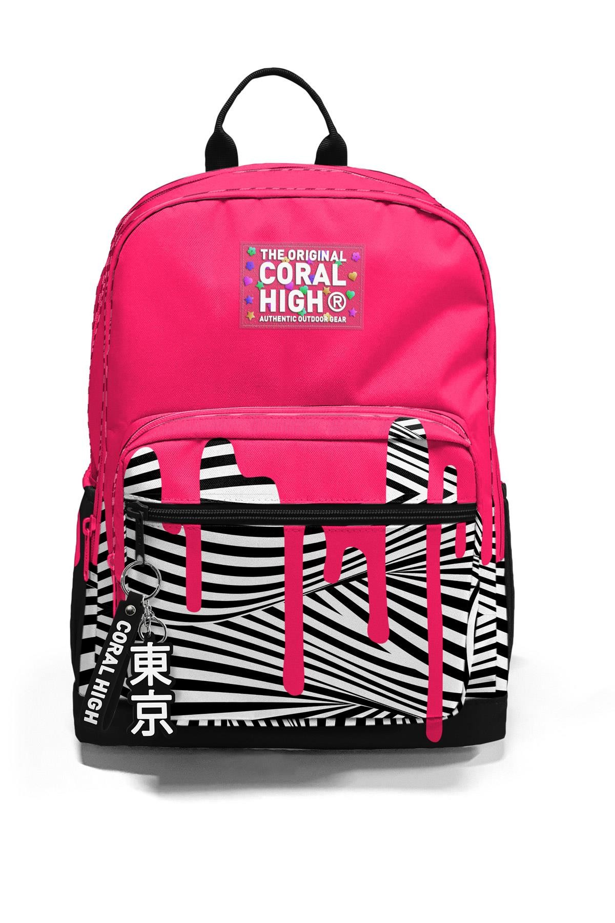 Coral High Pembe Siyah Beyaz Desenli Okul Sırt Çantası 23678