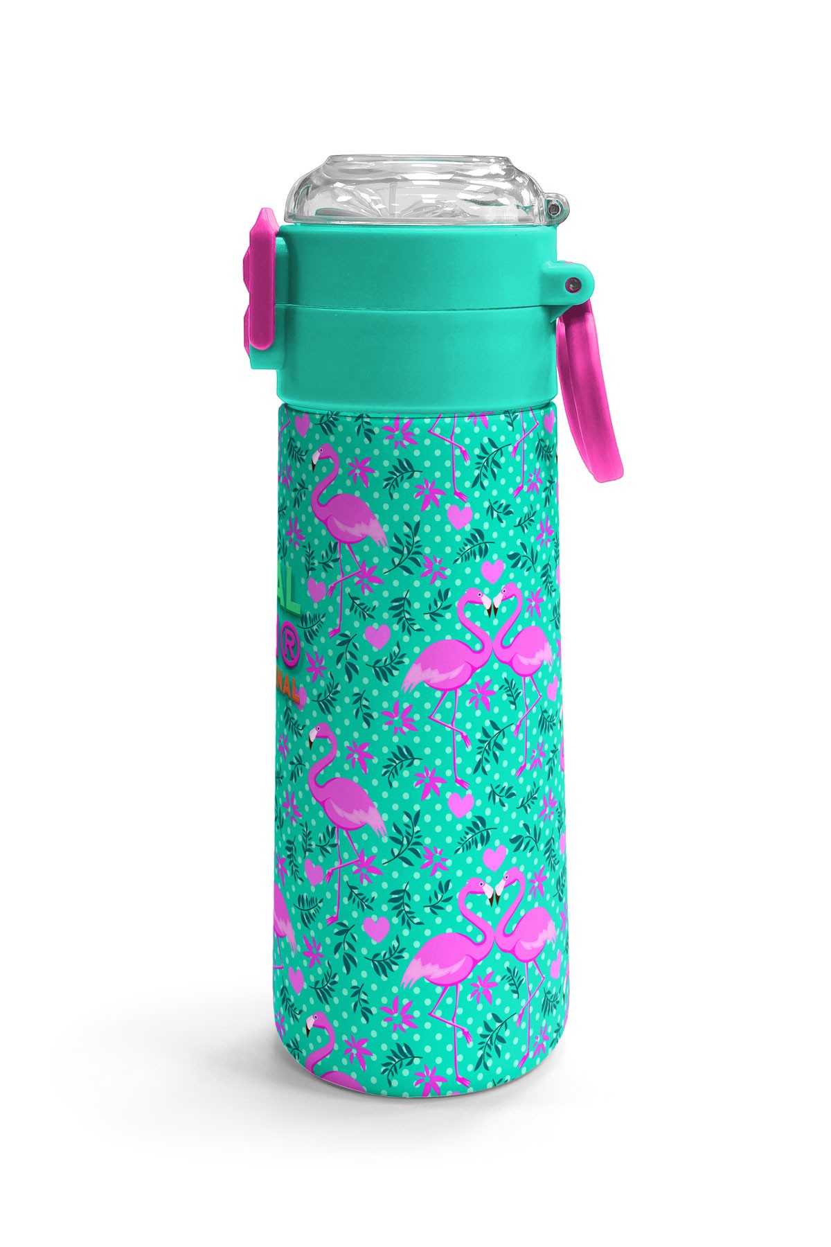 Coral High Kids Su Yeşili Pembe Flamingo Desenli Pipetli ve Direkt İçim Çelik Termos 500 ml 31926