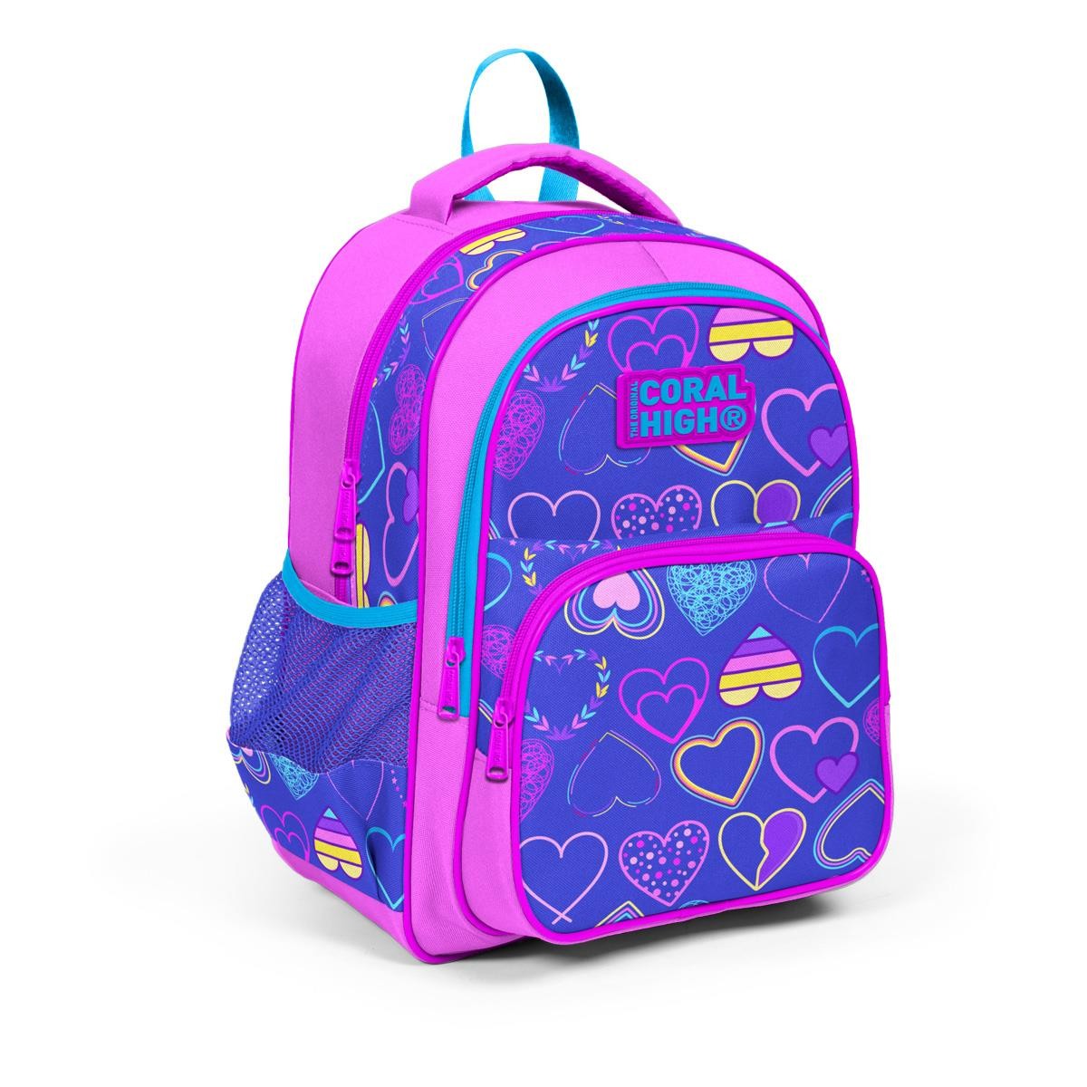 Coral High Kids Açık Pembe Lavanta Kalp Desenli 3'lü Okul Çanta Seti SET0123401