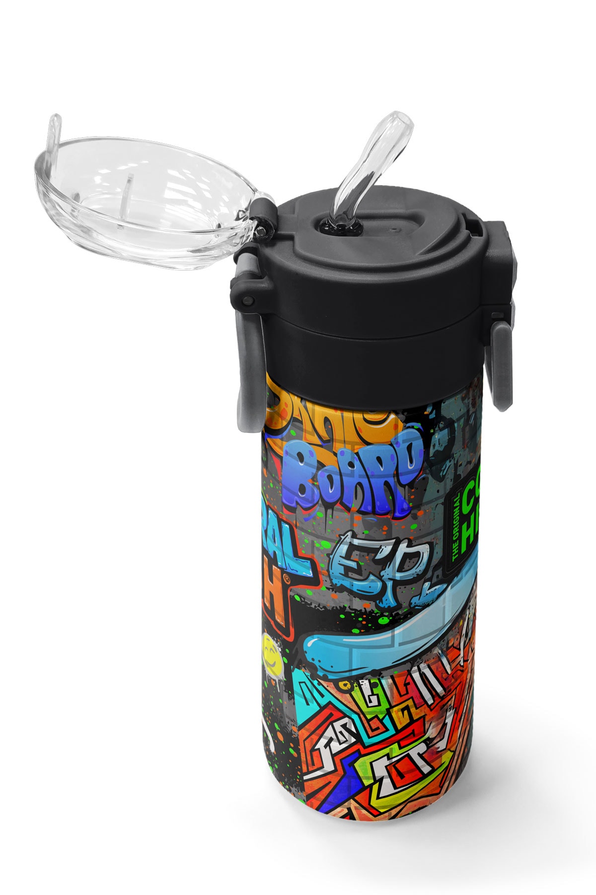 Coral High Kids Siyah Mavi Grafiti Desenli Pipetli ve Direkt İçim Çelik Termos 500 ml 31972