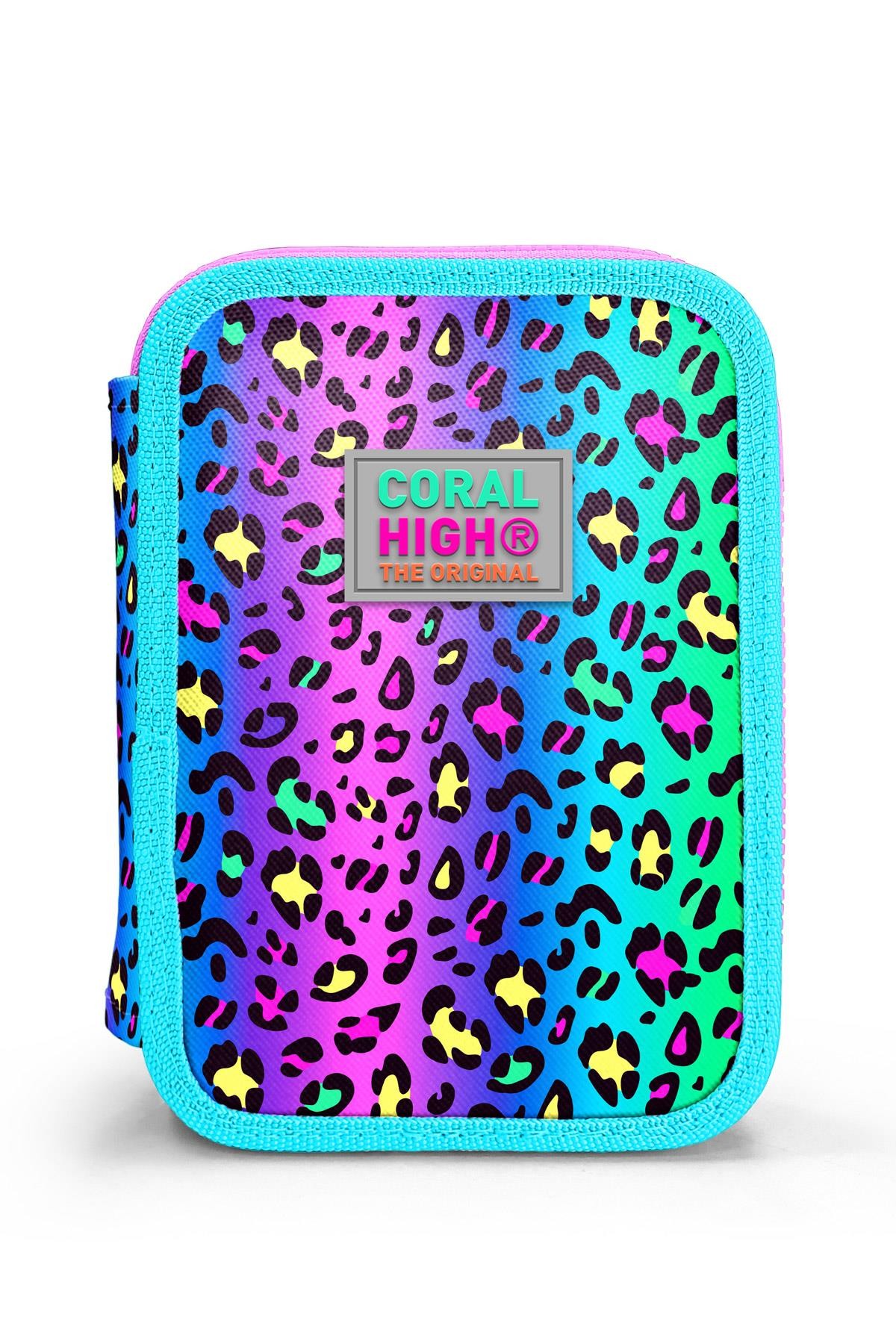 Coral High Kids Renkli Leopar Desenli Çift Katlı Kalem Çanta 11143