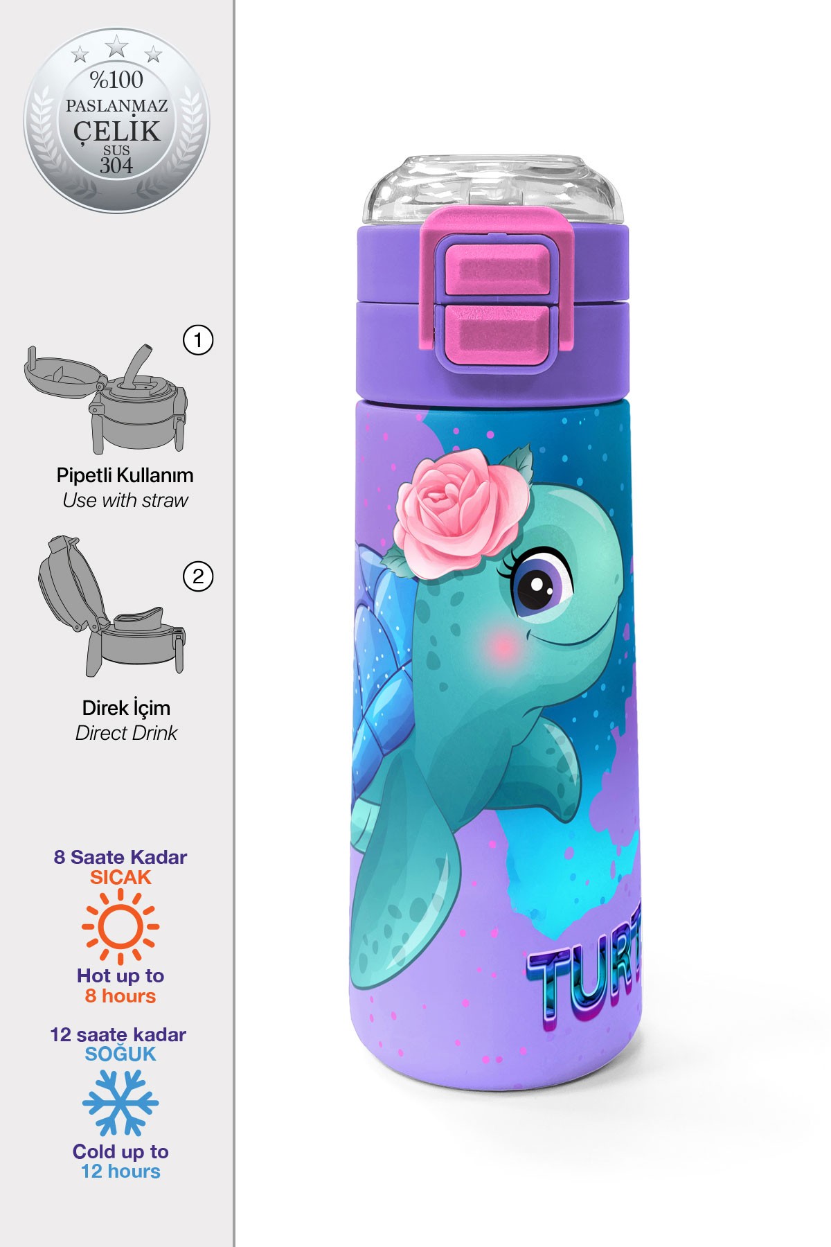 Coral High Kids Açık Pembe Mavi Kaplumbağa Desenli Pipetli ve Direkt İçim Çelik Termos 500 ml 31808