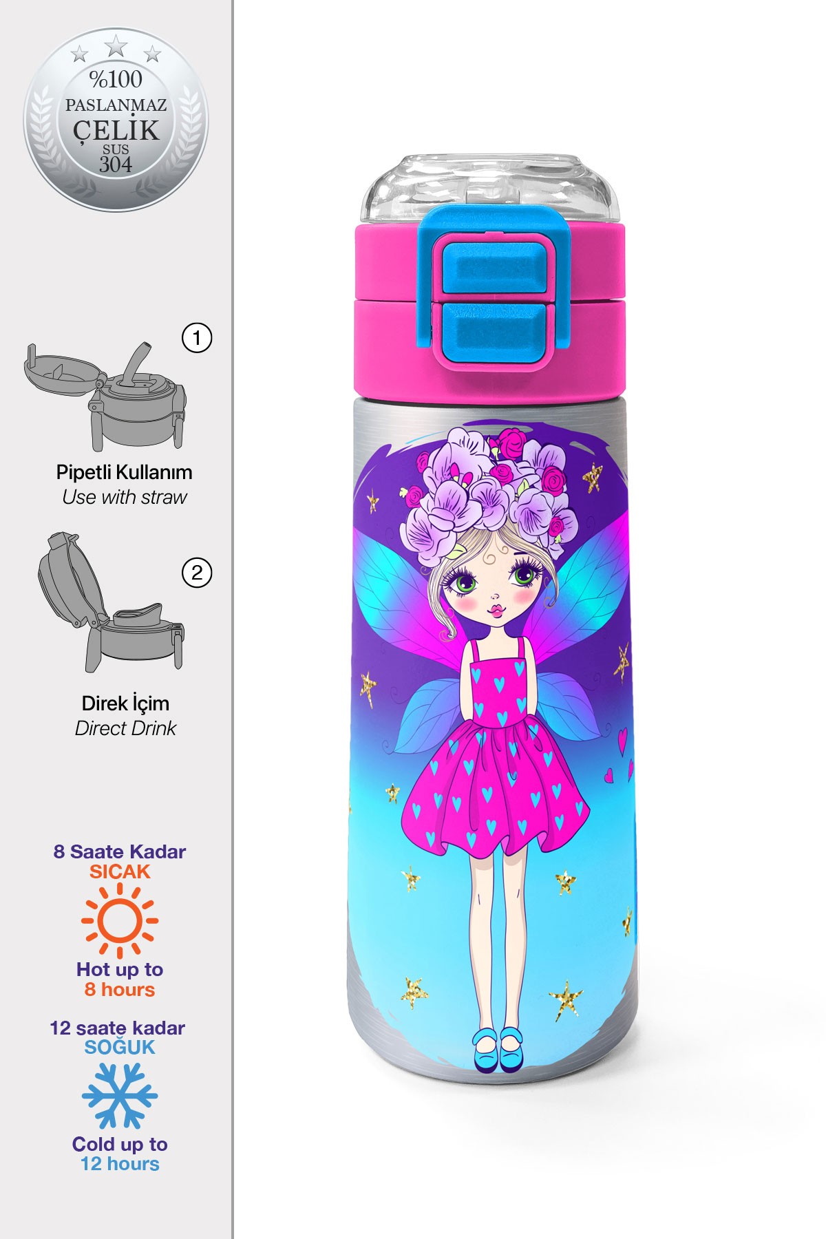 Coral High Kids Pembe Mavi Peri Desenli Pipetli ve Direkt İçim Çelik Termos 500 ml 31803