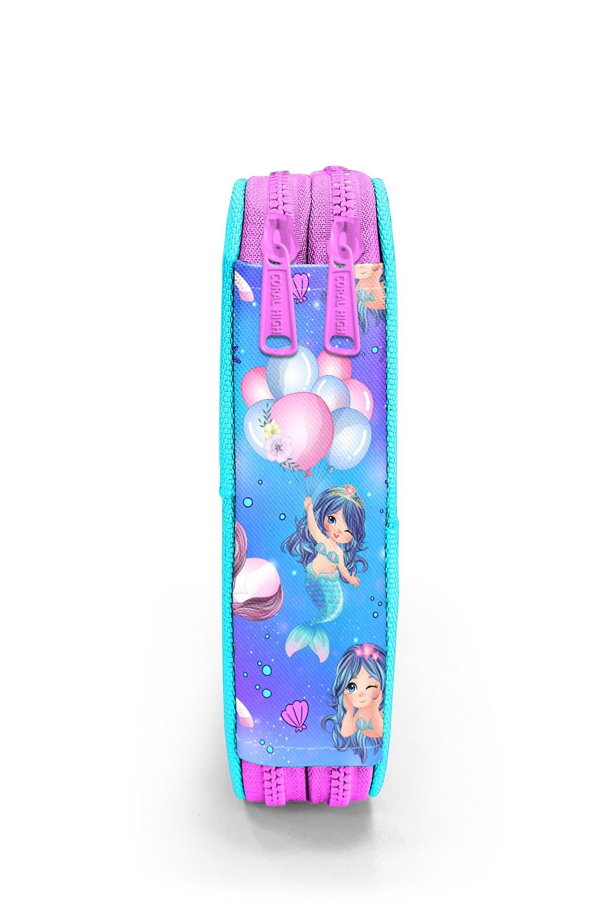 Coral High Kids Mor Pembe Unicorn Deniz Kızı Desenli Çift Katlı Kalem Çanta 11138