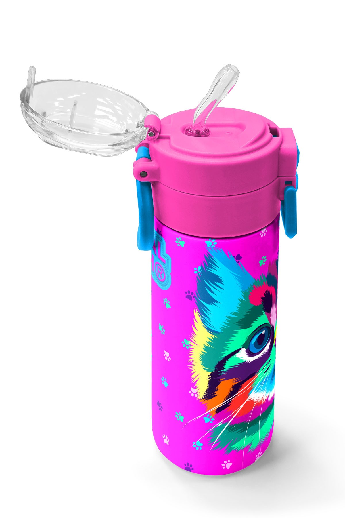 Coral High Kids Mor Pembe Kedi Desenli Pipetli ve Direkt İçim Çelik Termos 500 ml 31800