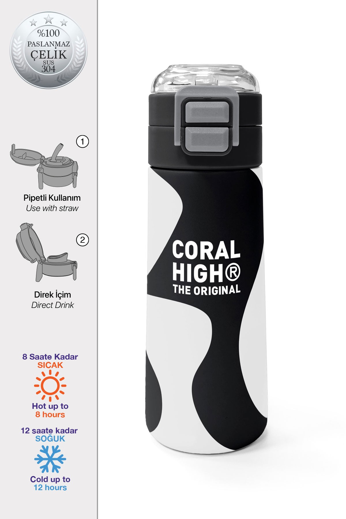 Coral High Kids Siyah Beyaz Desenli Pipetli ve Direkt İçim Çelik Termos 500 ml 31887