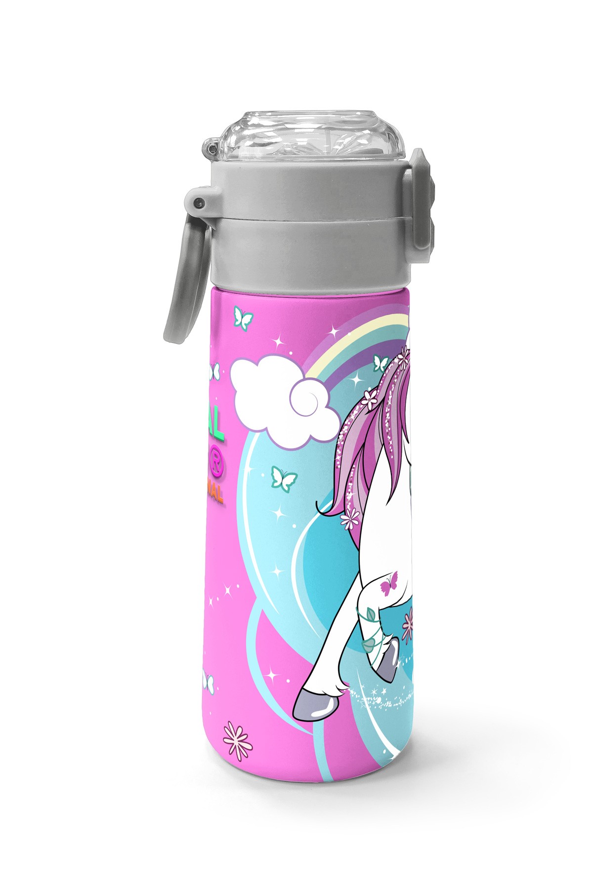 Coral High Kids Mavi Neon Pembe Unicorn Desenli Pipetli ve Direkt İçim Çelik Termos 500 ml 31925
