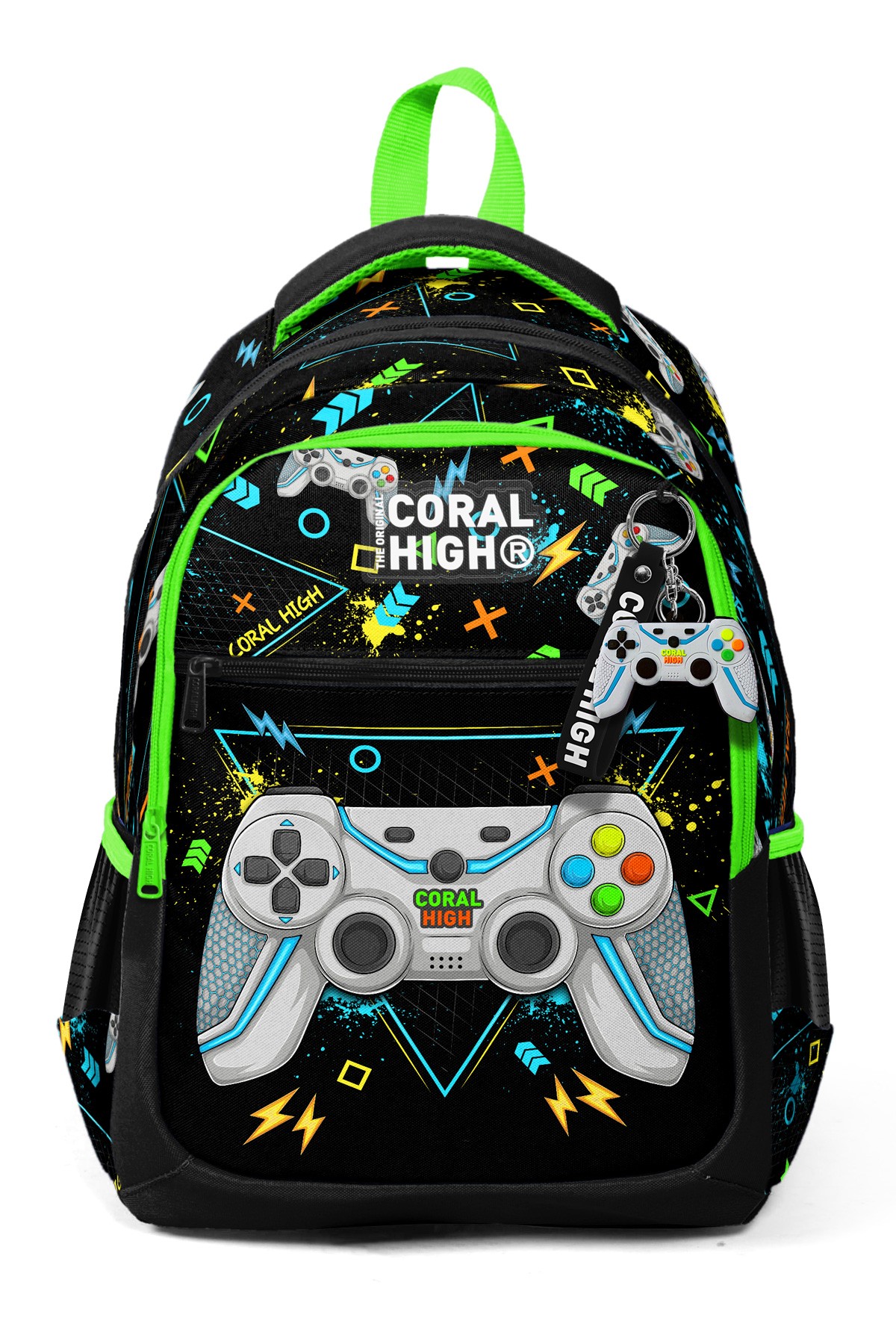 Coral High Kids Siyah Fosforlu Yeşil Gamer Desenli Üç Bölmeli Okul Sırt Çantası 23654