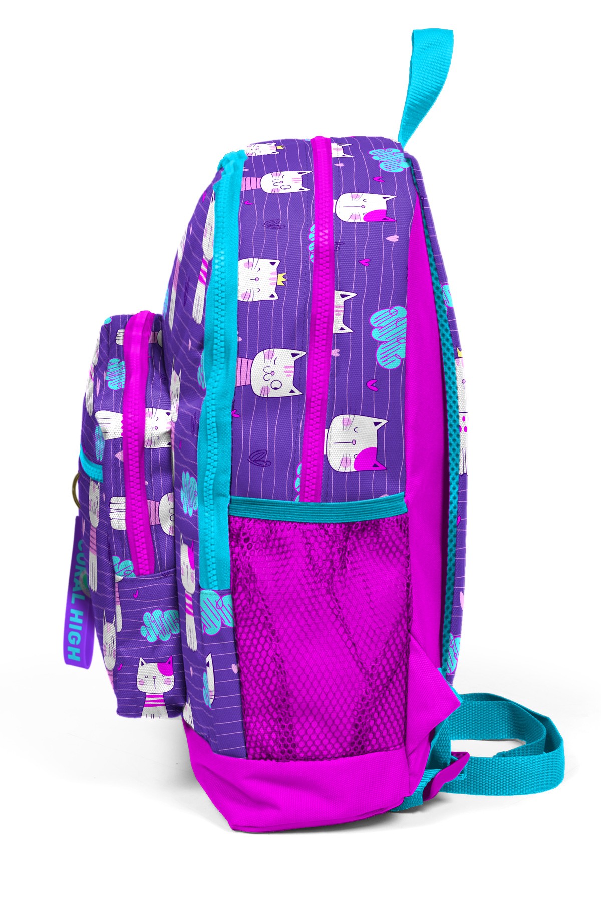 Coral High Kids Mor Pembe Kedi Desenli Dört Bölmeli Okul Sırt Çantası 23464