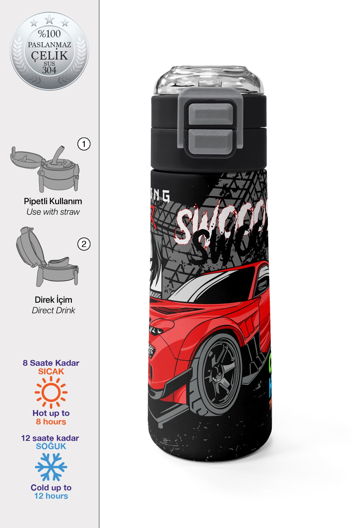 Coral High Kids Siyah Kırmızı Anime Araba Desenli Pipetli ve Direkt İçim Çelik Termos 500 ml 31948