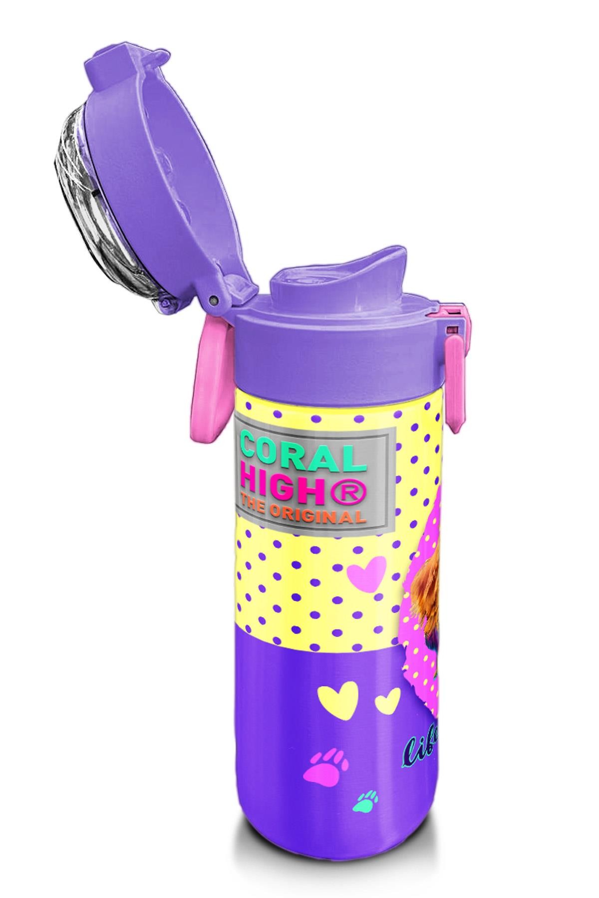 Coral High Kids Sarı Pembe Sevimli Köpek Desenli Pipetli ve Direkt İçim Çelik Termos 500 ml 31953