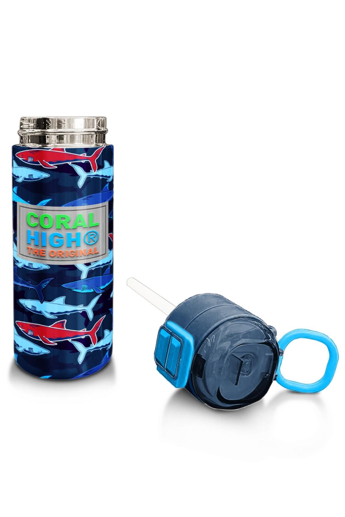 Coral High Kids Lacivert Kırmızı Köpek Balığı Desenli Pipetli ve Direkt İçim Çelik Termos 500 ml 31930