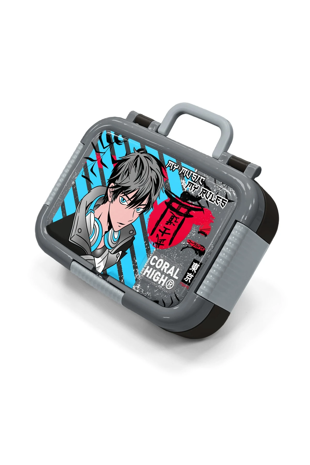 Coral High Kids Black Blue Anime Patterned Stainless Steel Lunch