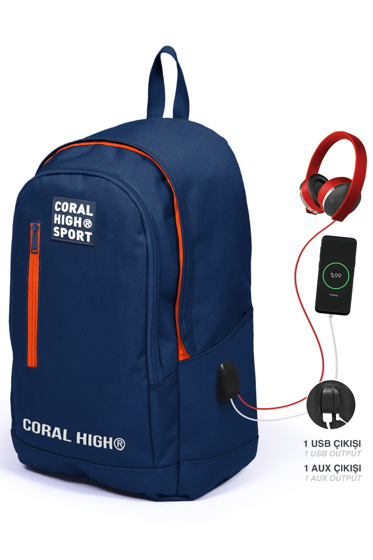 Coral High Sport Lacivert Neon Turuncu Üç Bölmeli USB Şarjlı Kulaklık Çıkışlı Sırt Çantası 23232