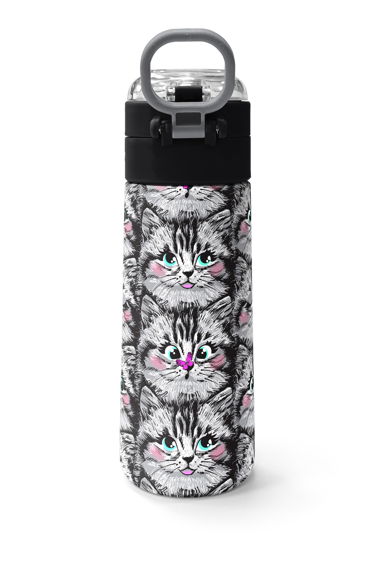 Coral High Kids Gri Kedi Desenli Pipetli ve Direkt İçim Çelik Termos 500 ml 31851