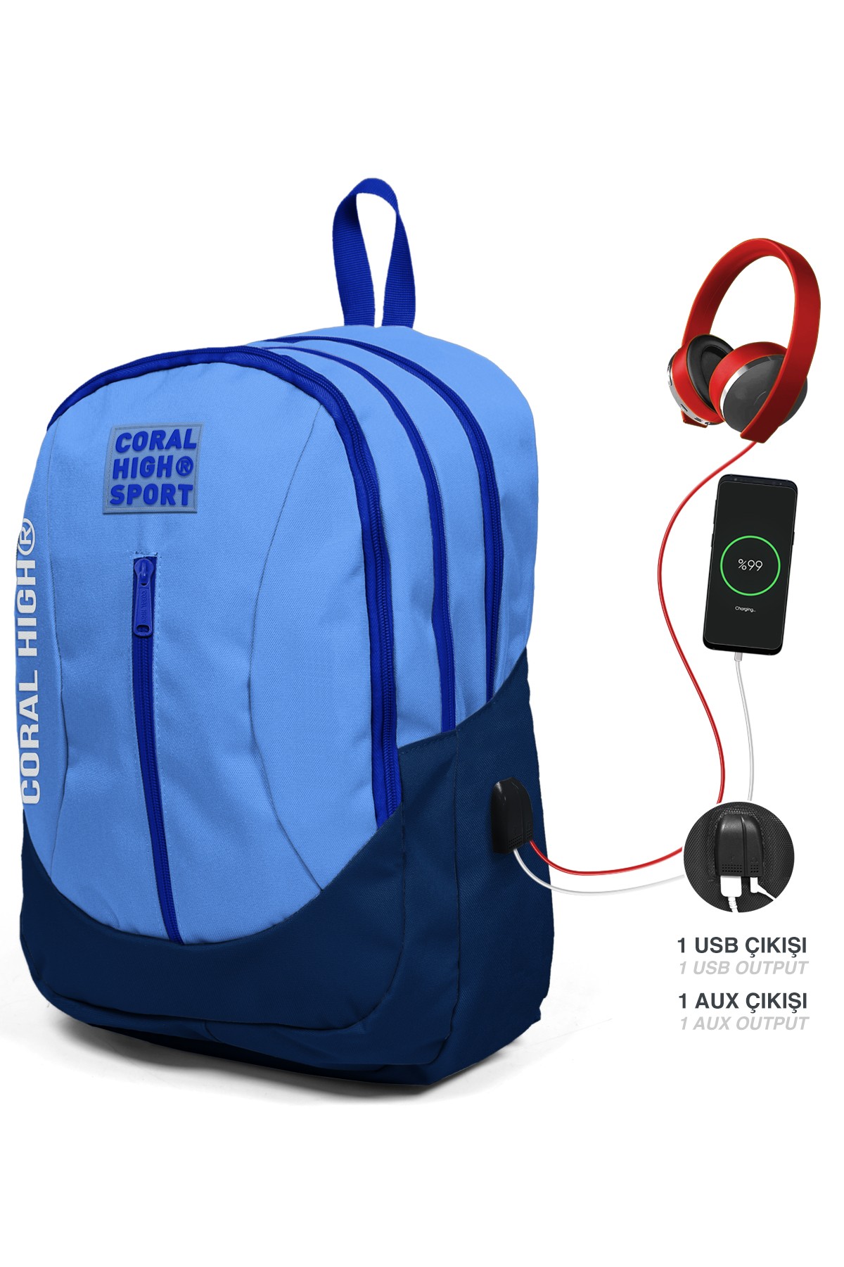 Coral High Sport Derin Mavi Saks Dört Bölmeli USB Şarjlı Kulaklık Çıkışlı Sırt Çantası 23228