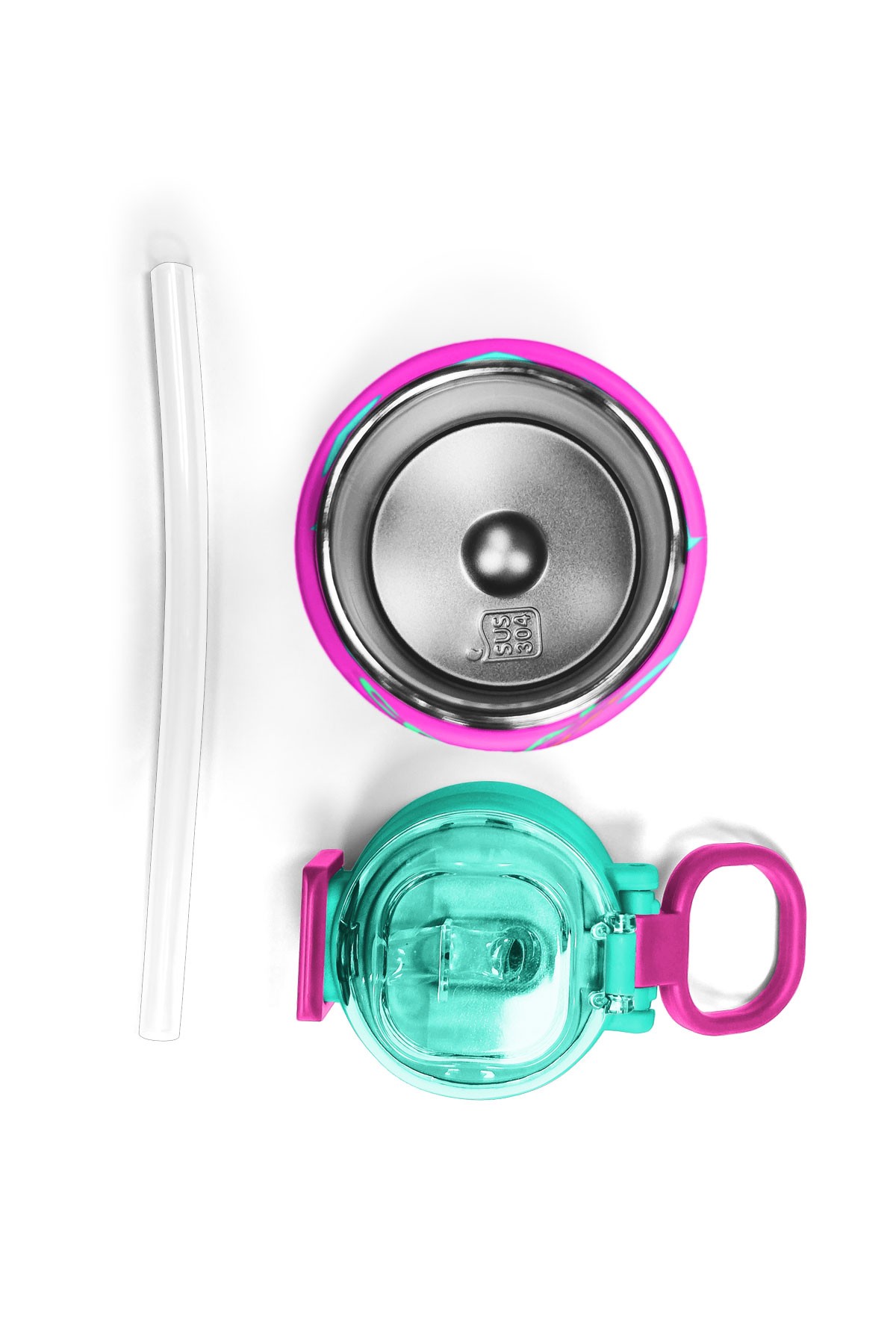 Coral High Kids Neon Pembe Su Yeşili Kalp Desenli Pipetli ve Direkt İçim Çelik Termos 500 ml 31906