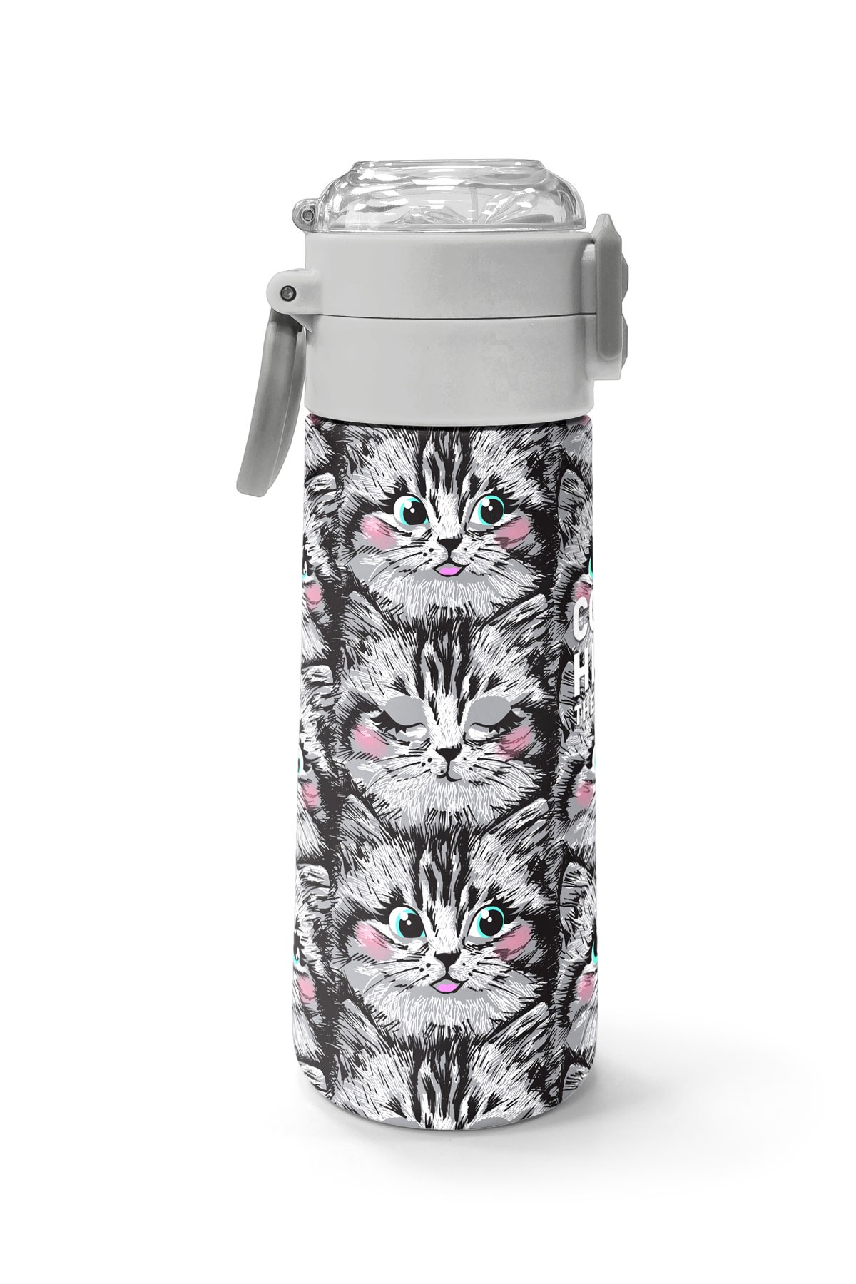 Coral High Kids Gri Kedi Desenli Pipetli ve Direkt İçim Çelik Termos 500 ml 31851