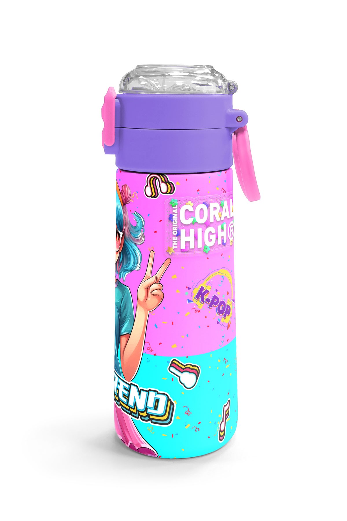 Coral High Kids Pembe Turkuaz K-Pop Desenli Pipetli ve Direkt İçim Çelik Termos 500 ml 31865
