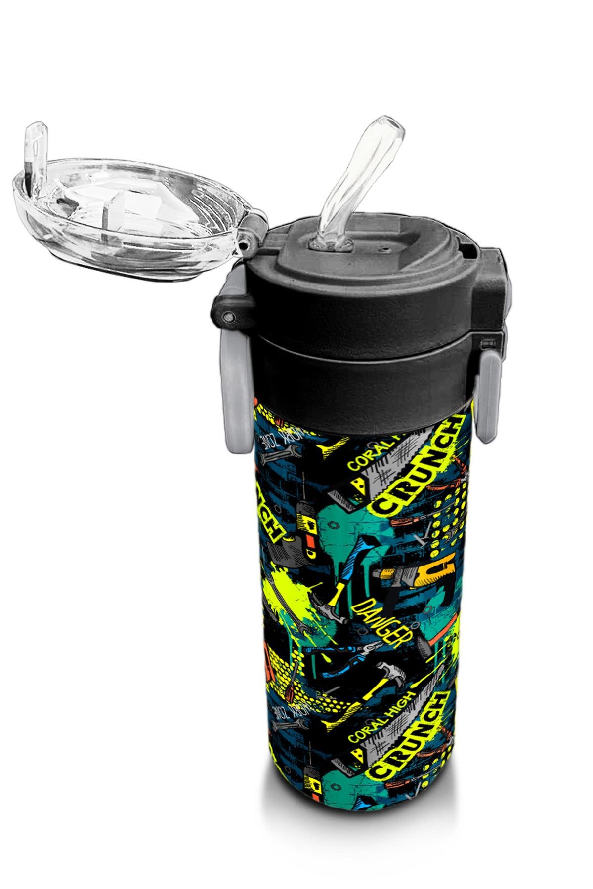 Coral High Kids Nefti Siyah Tamir Seti Desenli Pipetli ve Direkt İçim Çelik Termos 500 ml 31974