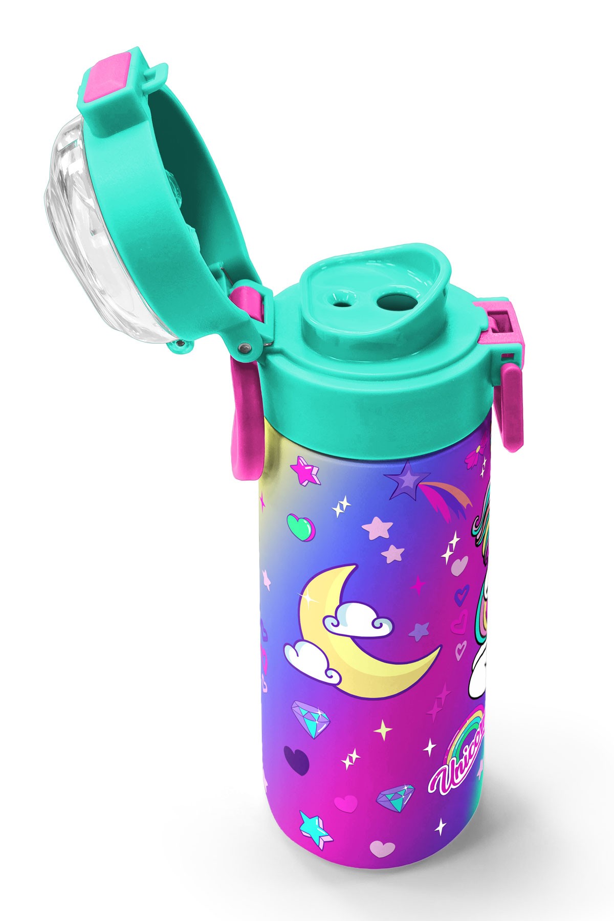 Coral High Kids Lavanta Su Yeşili Unicorn Desenli Pipetli ve Direkt İçim Çelik Termos 500 ml 31937