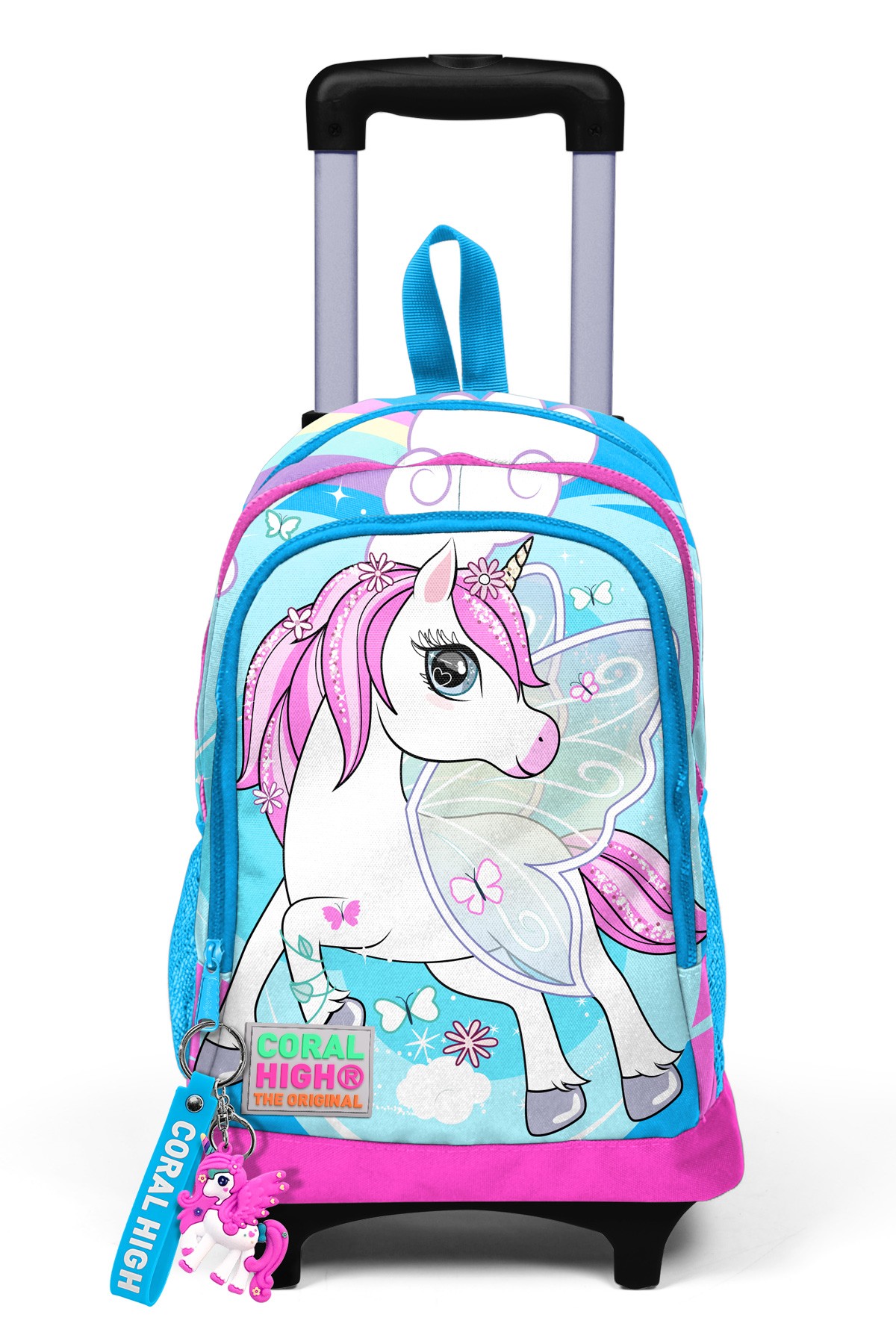 Coral High Kids Mavi Neon Pembe Unicorn Desenli Üç Bölmeli Çekçekli Okul Sırt Çantası 23911