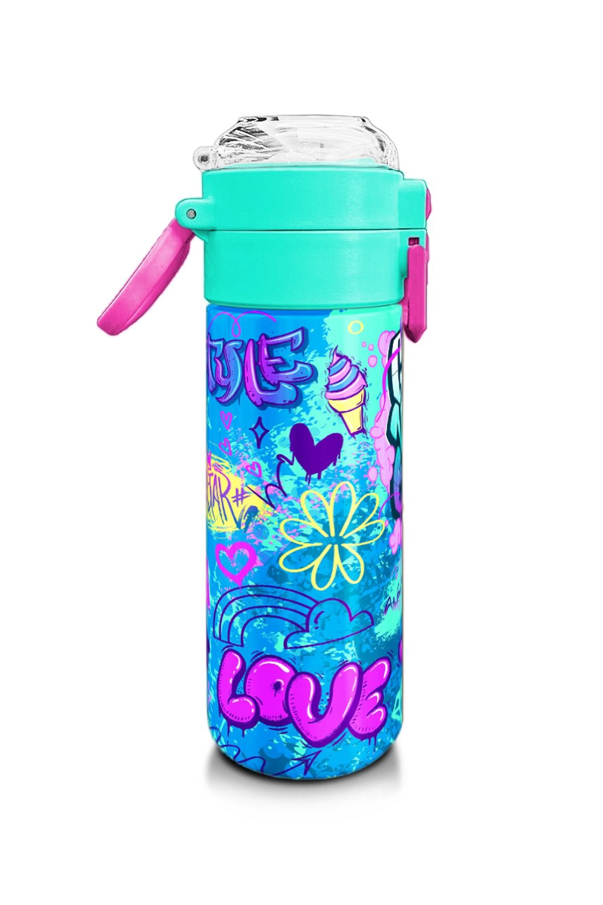 Coral High Kids Lavanta Su Yeşili Grafiti Desenli Pipetli ve Direkt İçim Çelik Termos 500 ml 31971