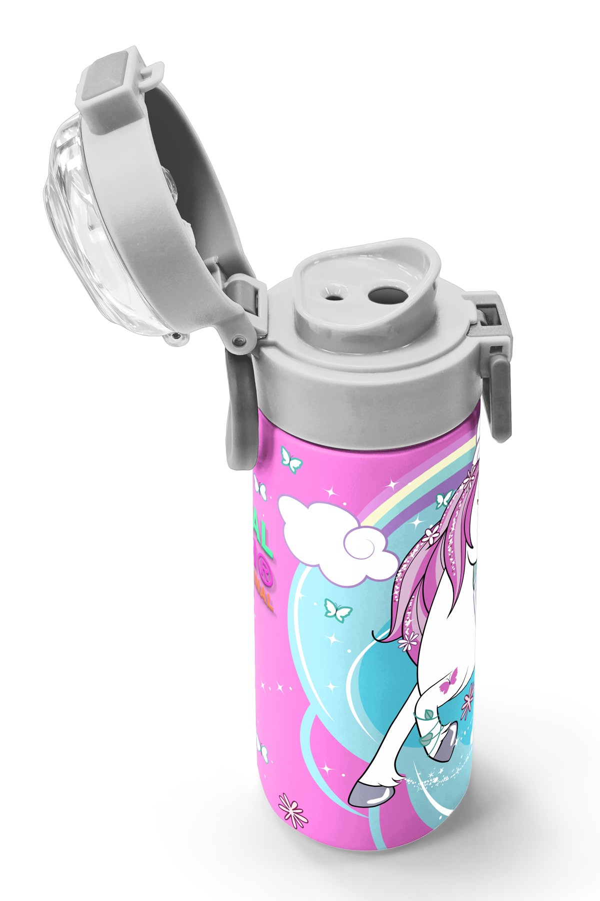 Coral High Kids Mavi Neon Pembe Unicorn Desenli Pipetli ve Direkt İçim Çelik Termos 500 ml 31925