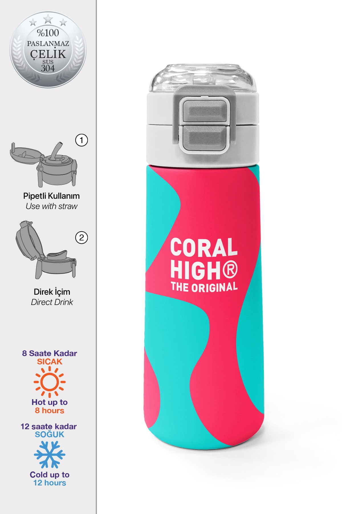 Coral High Kids Neon Mercan Turkuaz Desenli Pipetli ve Direkt İçim Çelik Termos 500 ml 31885