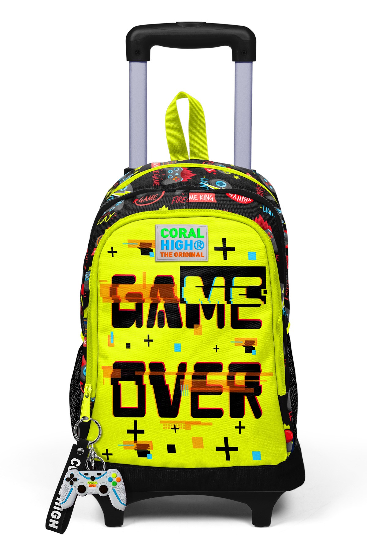 Coral High Kids Siyah Neon Sarı Game Over Desenli Üç Bölmeli Çekçekli Okul Sırt Çantası 23928