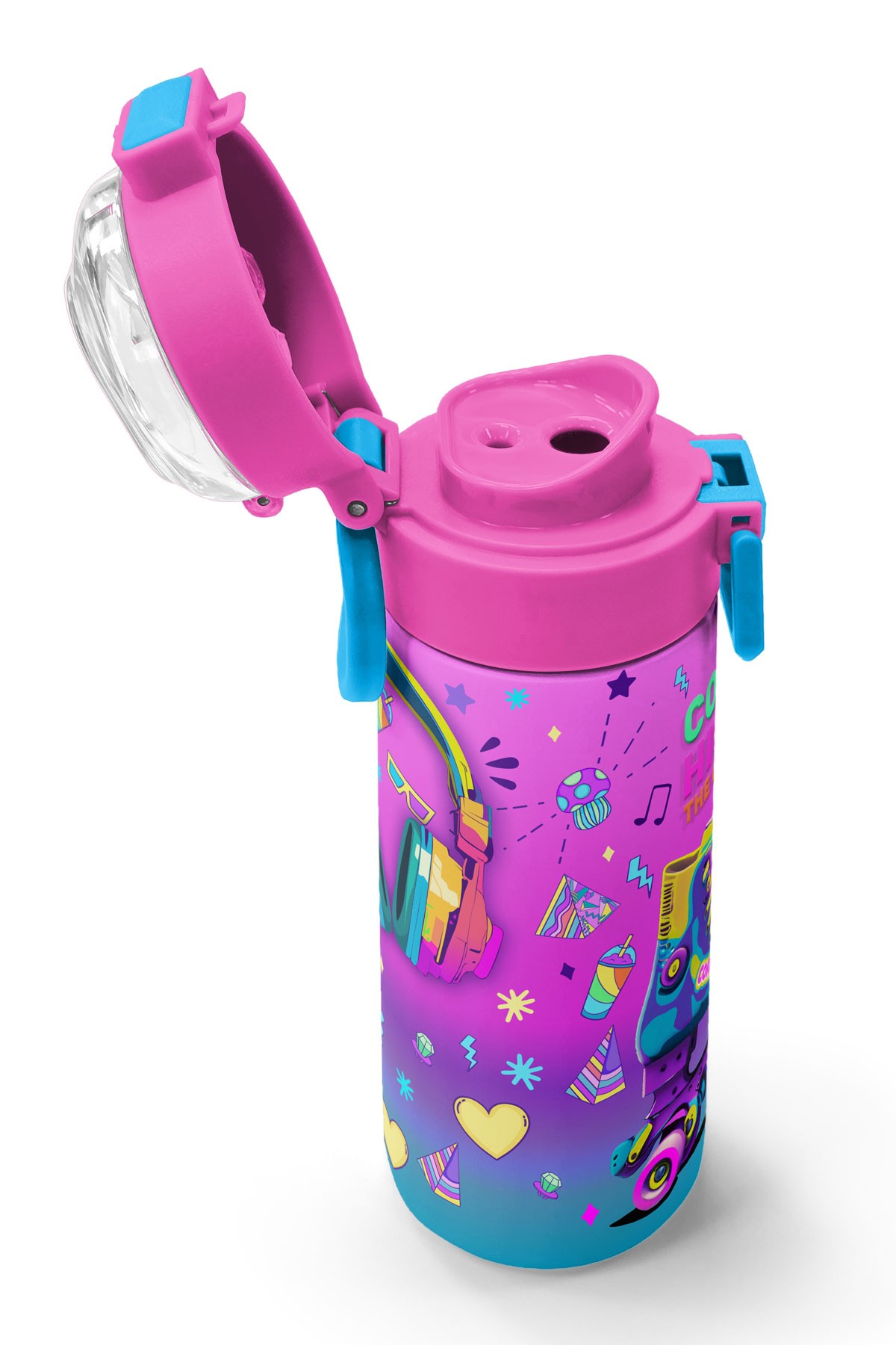 Coral High Kids Pembe Turkuaz Kulaklık Paten Desenli Pipetli ve Direkt İçim Çelik Termos 500 ml 31955