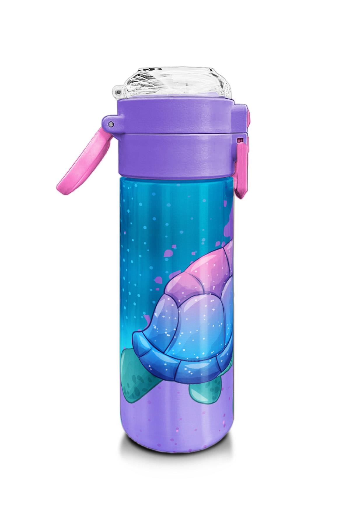 Coral High Kids Açık Pembe Mavi Kaplumbağa Desenli Pipetli ve Direkt İçim Çelik Termos 500 ml 31808