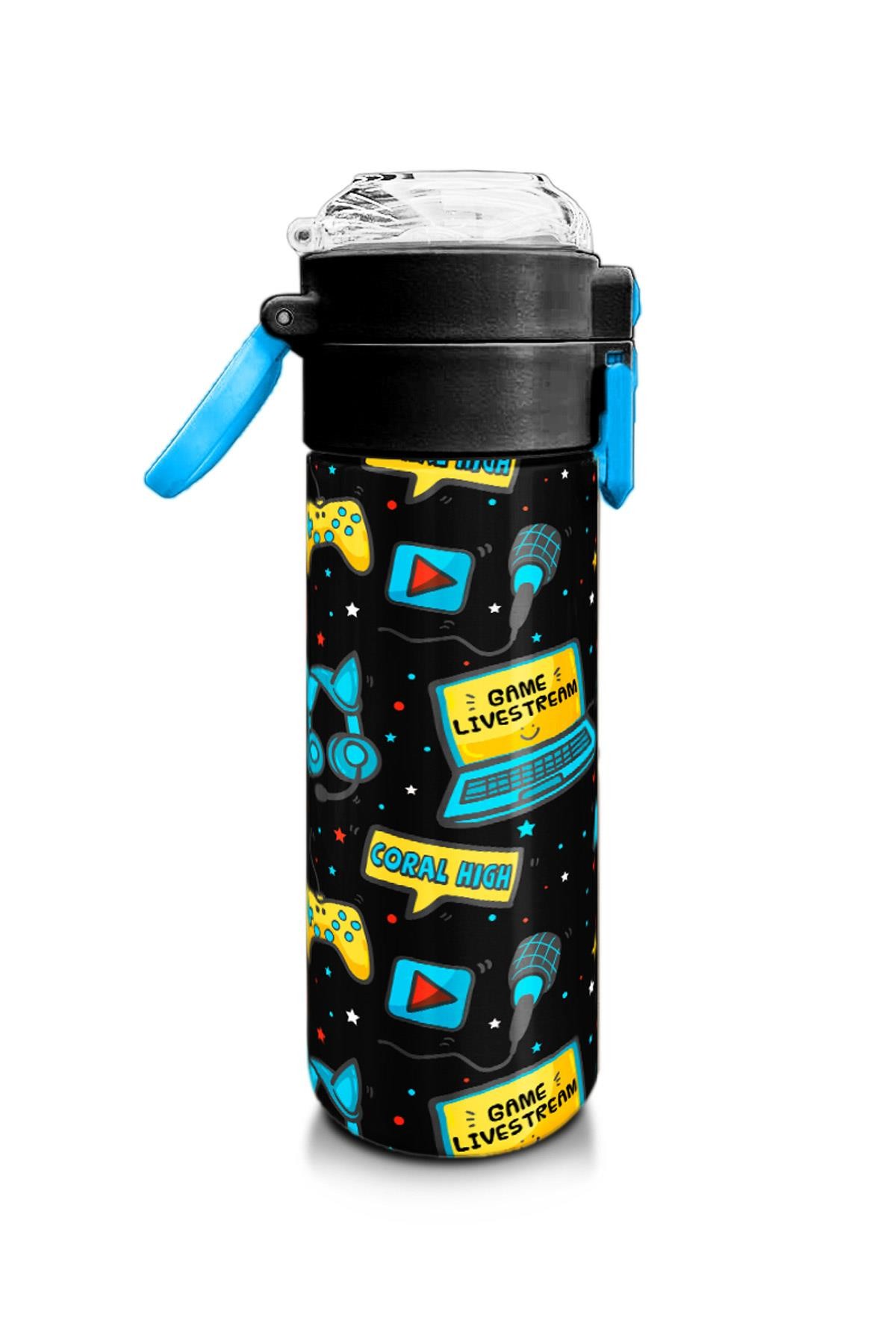 Coral High Kids Siyah Mavi Gamer Desenli Pipetli ve Direkt İçim Çelik Termos 500 ml 31984