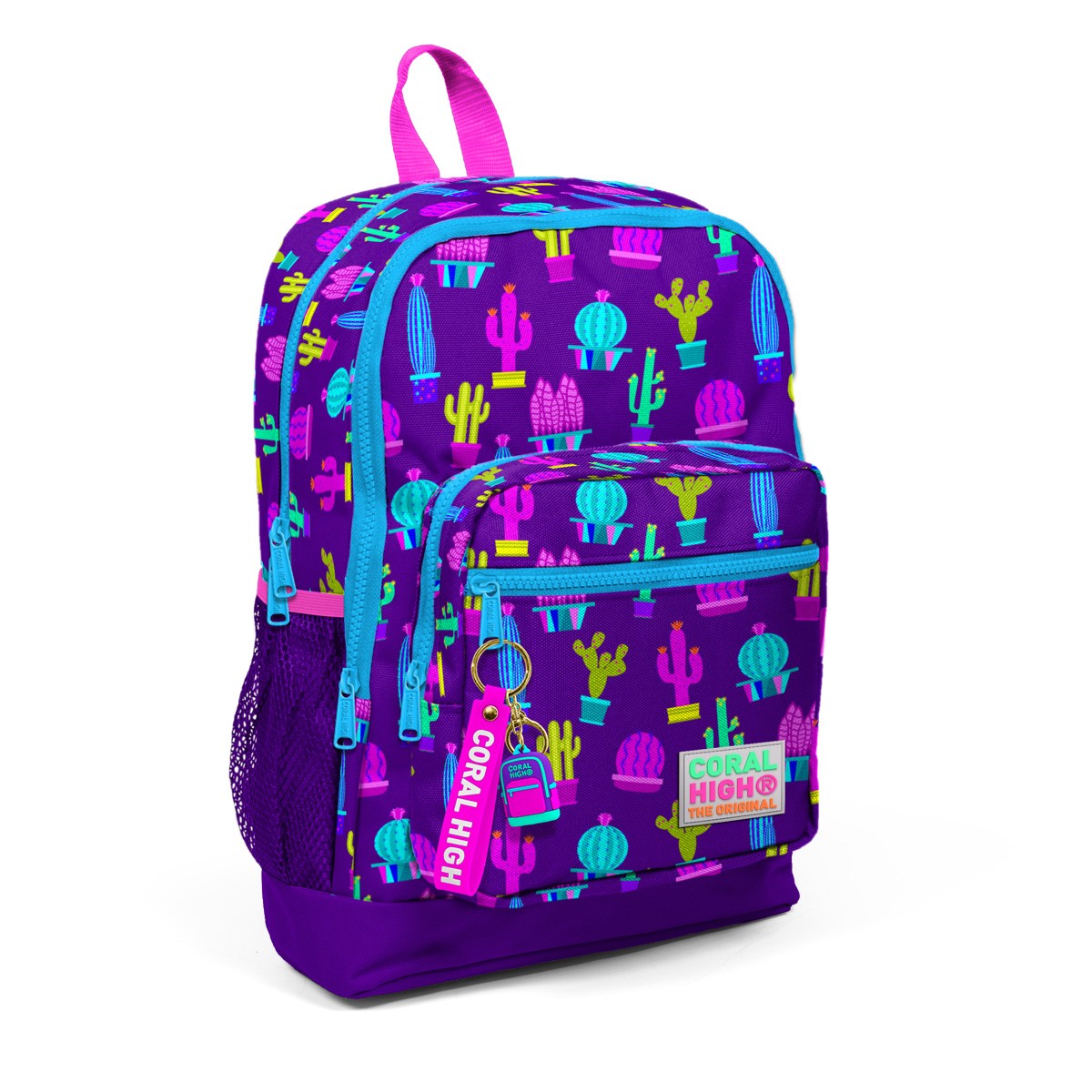 Coral High Kids Mor Pembe Kaktüs Desenli Dört Bölmeli USB'li Okul Sırt Çantası 23273