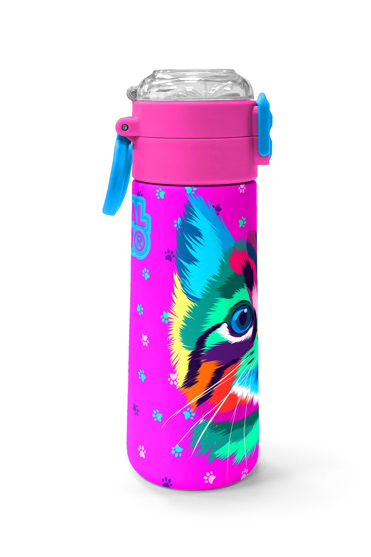 Coral High Kids Mor Pembe Kedi Desenli Pipetli ve Direkt İçim Çelik Termos 500 ml 31800