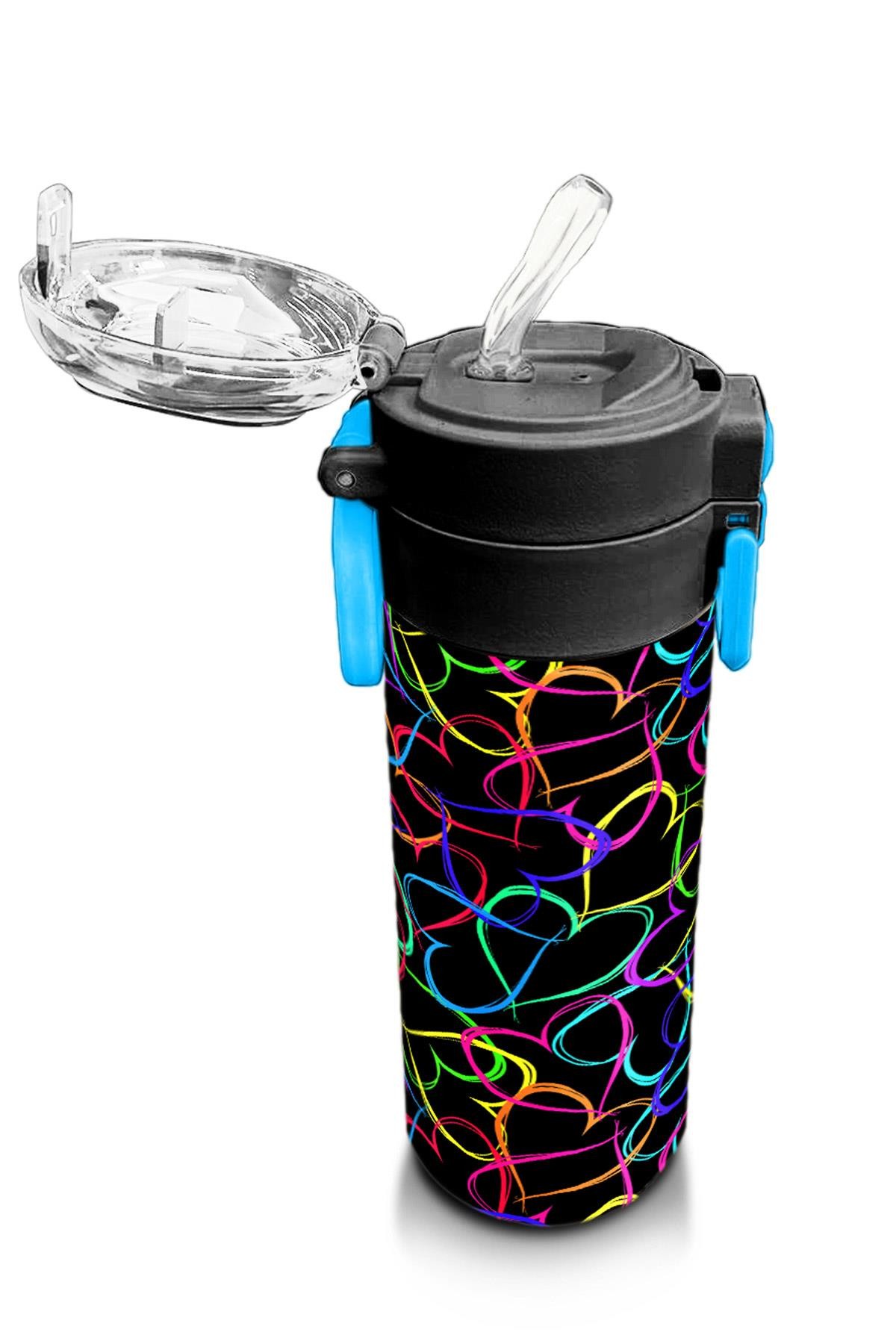 Coral High Kids Çok Renkli Kalp Desenli Pipetli ve Direkt İçim Çelik Termos 500 ml 31870