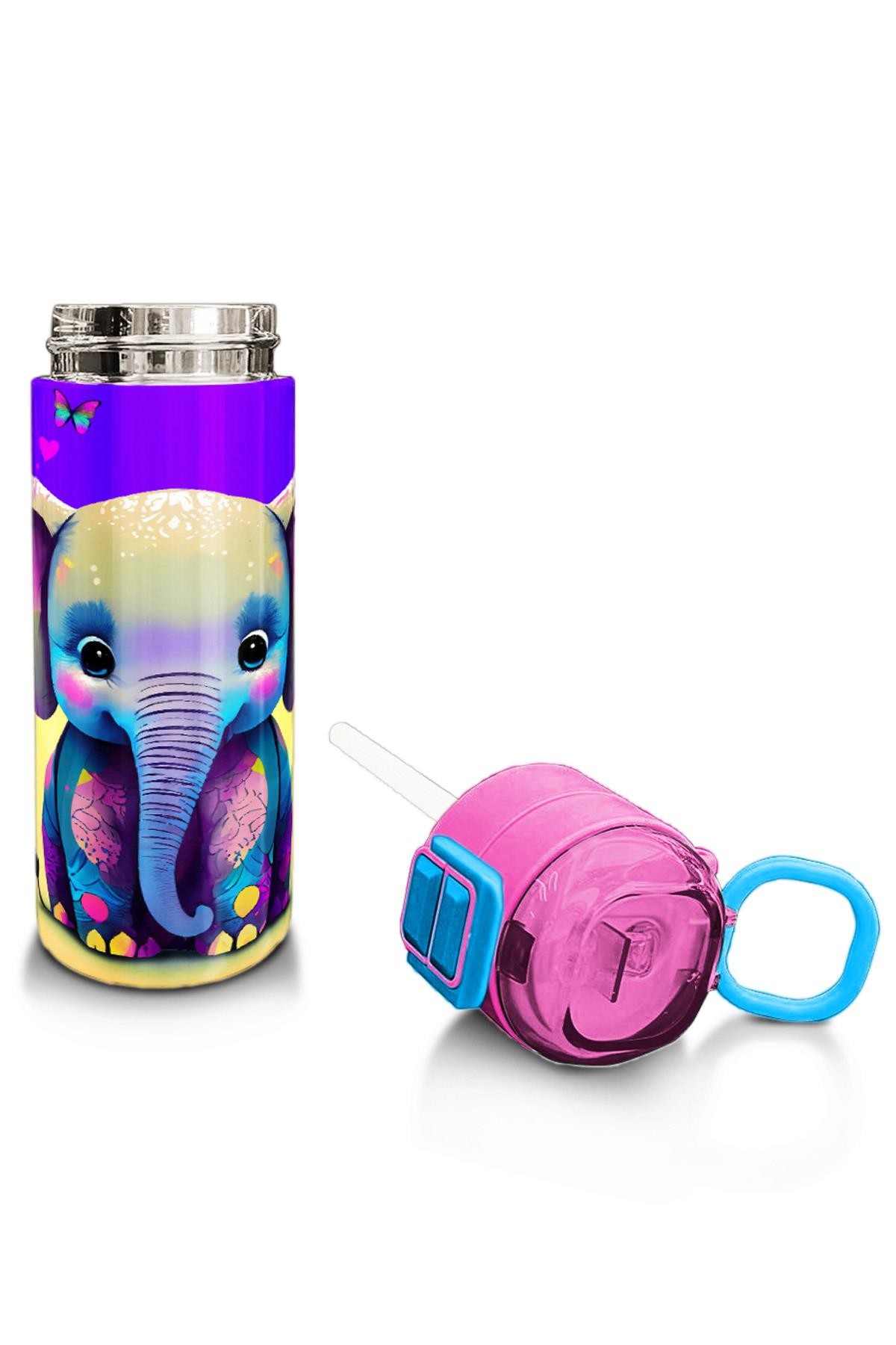 Coral High Kids Pembe Turkuaz Fil Desenli Pipetli ve Direkt İçim Çelik Termos 500 ml 31814