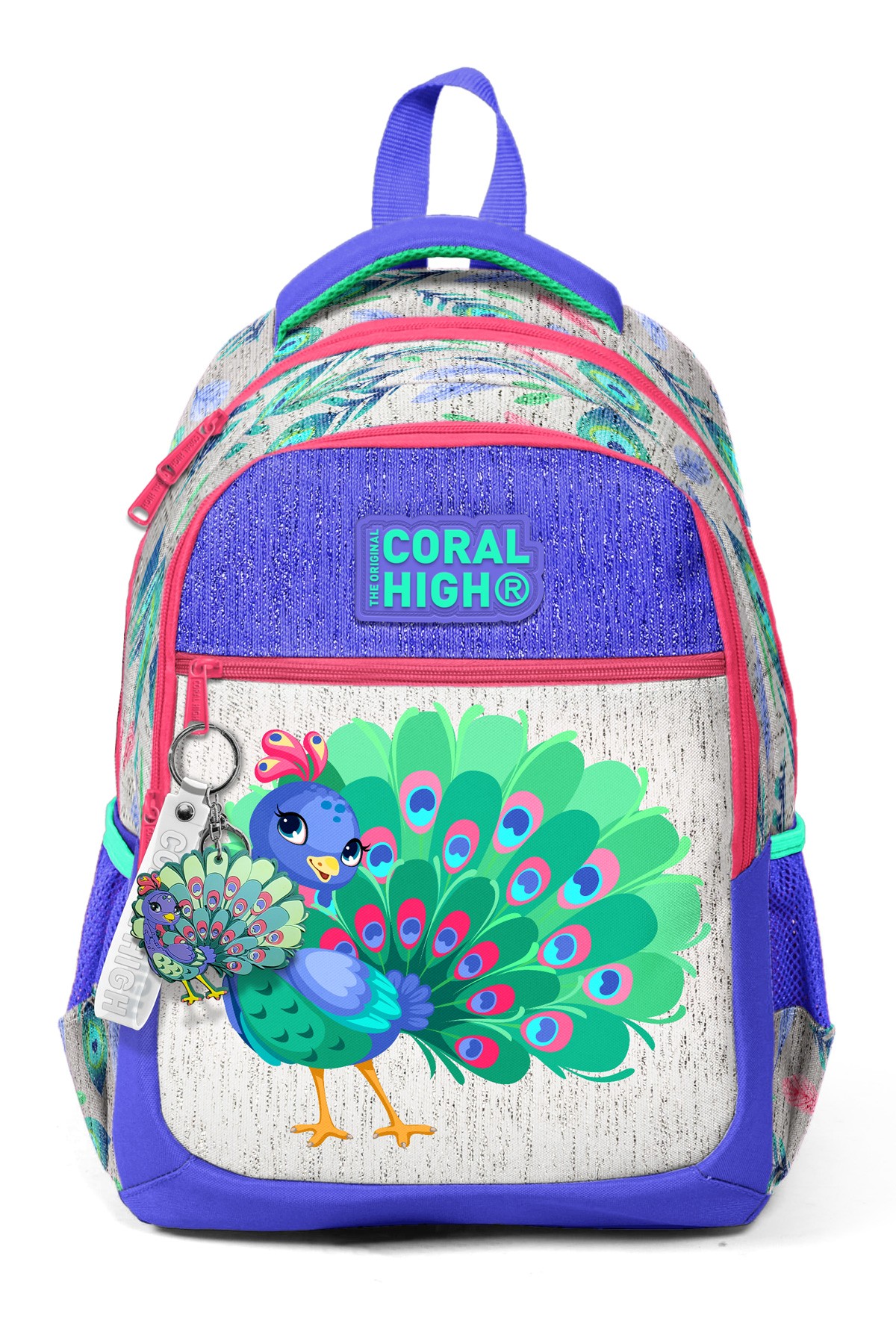 Coral High Kids Gümüş Lavanta Tavus Kuşu Desenli Üç Bölmeli Okul Sırt Çantası 23488