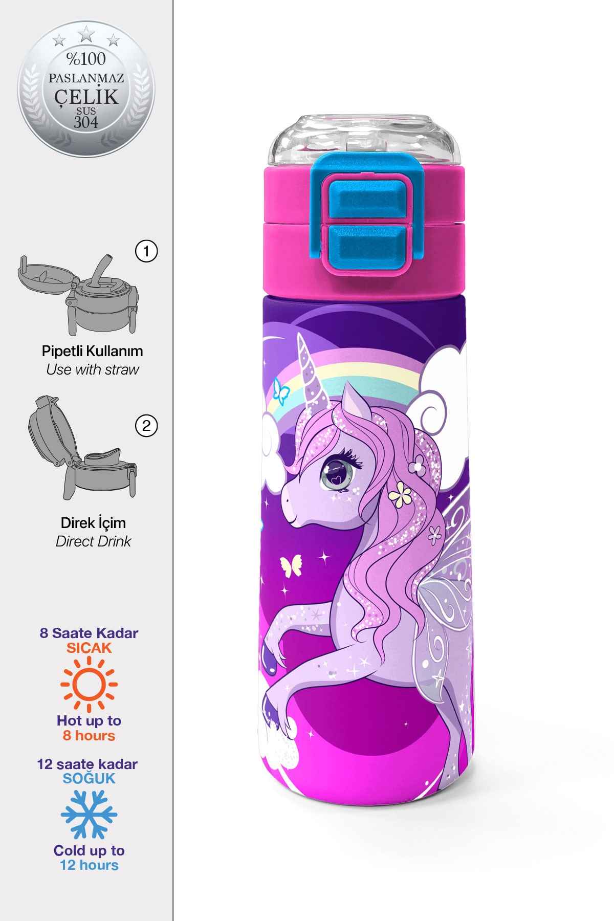 Coral High Kids Mor Pembe Unicorn Desenli Pipetli ve Direkt İçim Çelik Termos 500 ml 31923