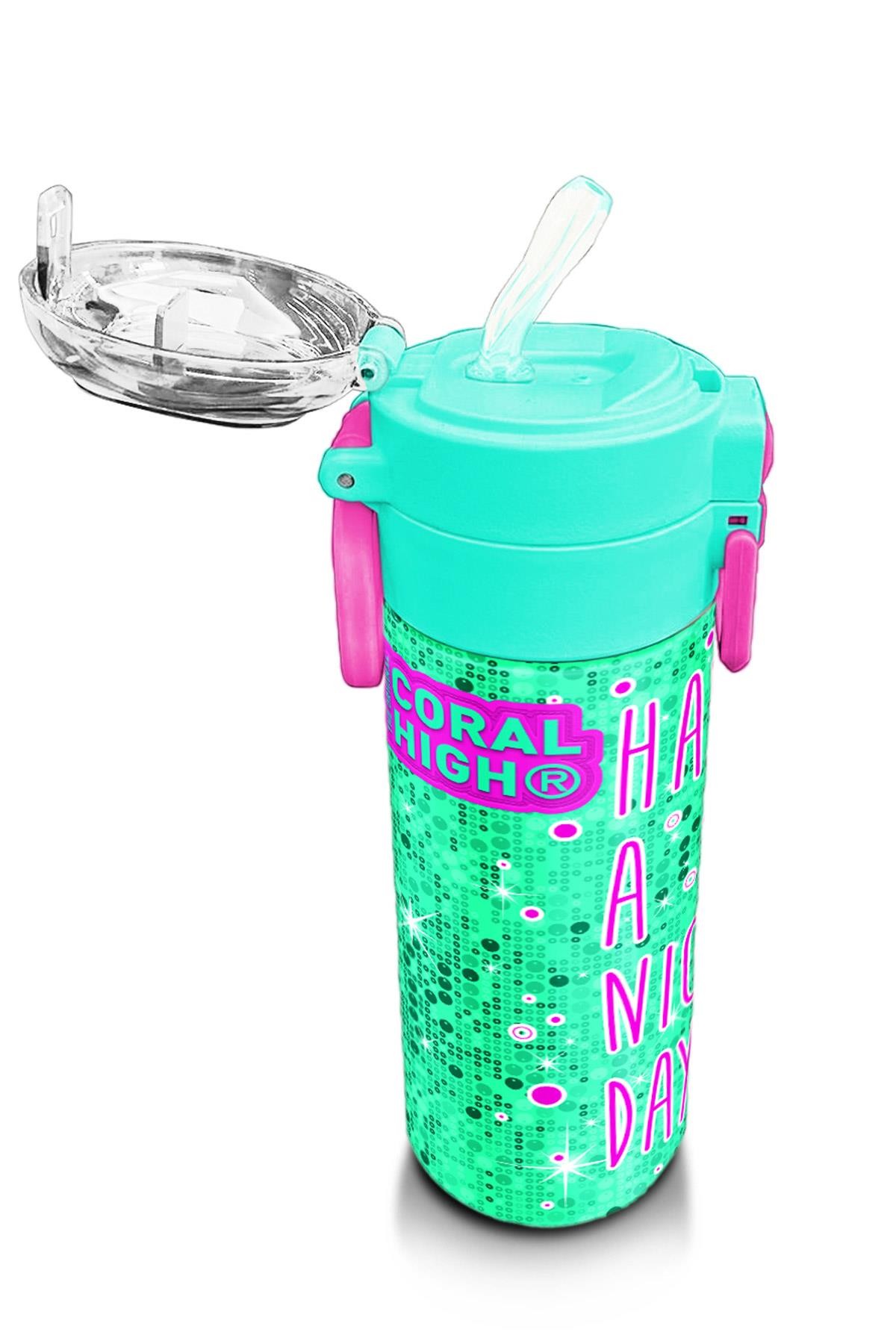 Coral High Kids Pembe Su Yeşili Kedi Desenli Pipetli ve Direkt İçim Çelik Termos 500 ml 31806