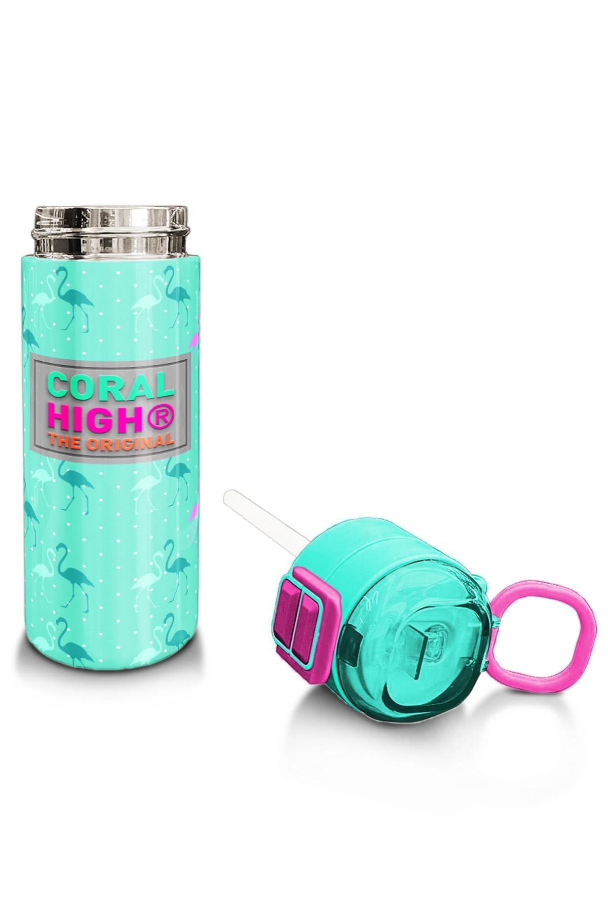 Coral High Kids Su Yeşili Neon Pembe Flamingo Desenli Pipetli ve Direkt İçim Çelik Termos 500 ml 31904